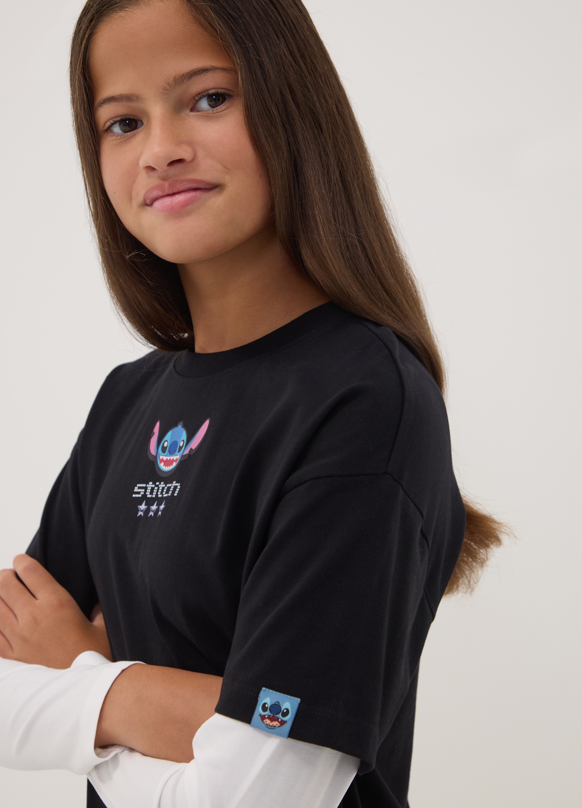 DISNEY, T-shirt Nera In Puro Cotone Con Collo A Costine E Stampa Stitch, Bambina, Nero, Taglia: 12-13