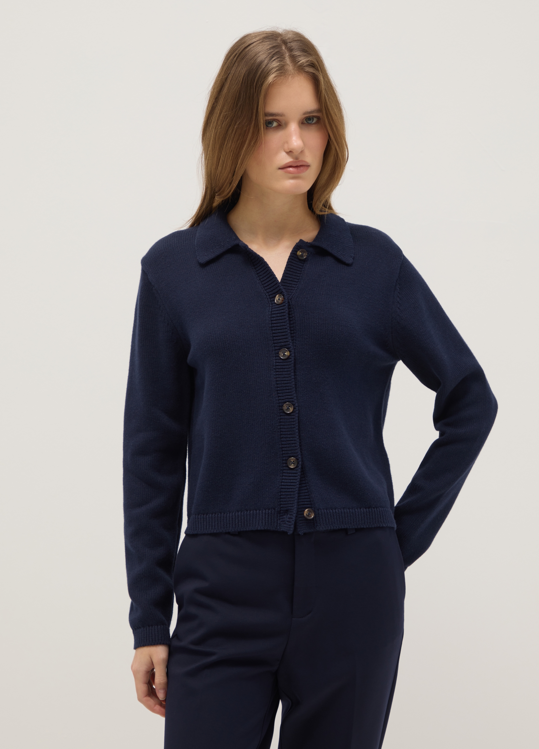 Cardigan Azul Con Cuello Polo De Algodón Puro Ajuste Regular, Mujer, Azul marino, Talla: 42