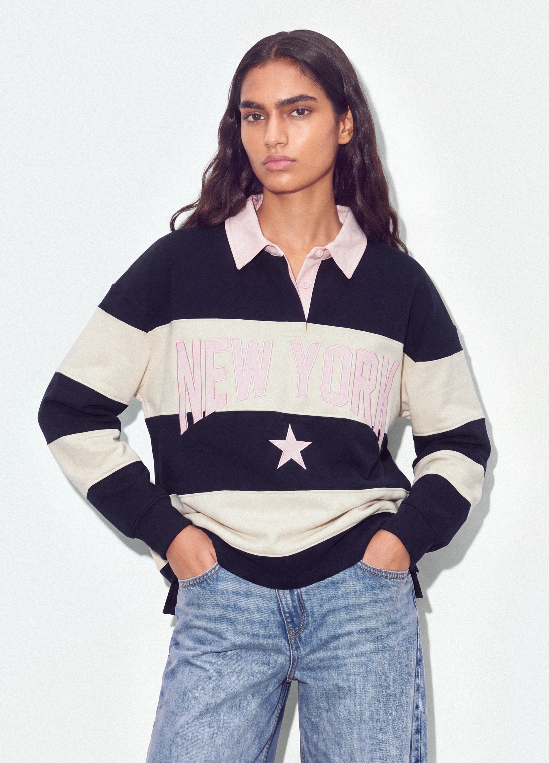 B.ANGEL, Felpa A Righe Blu In Misto Cotone Con Colletto Relaxed Fit, Donna, Multicolor, Taglia: S