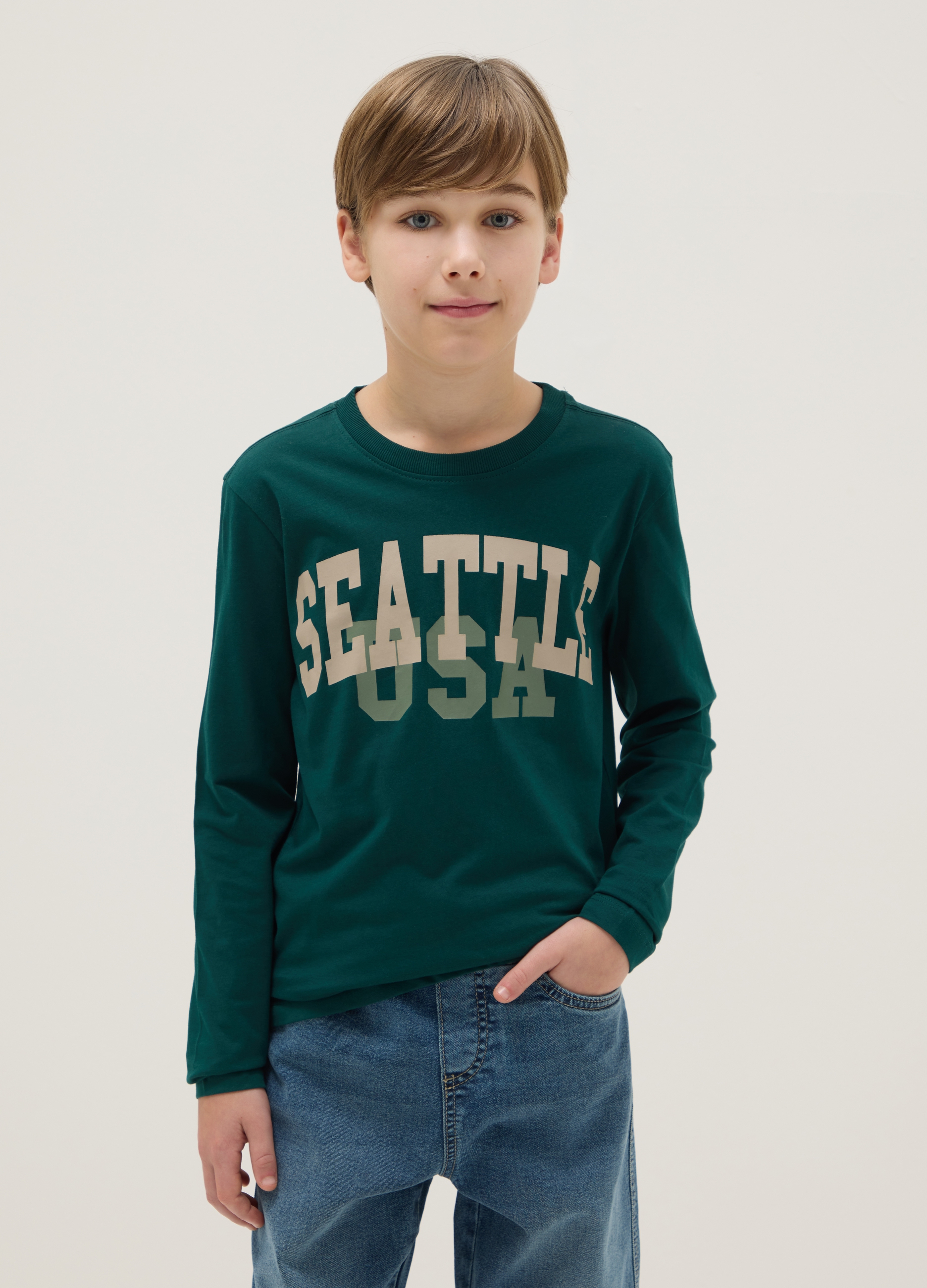 OVS KIDS, Camiseta De Manga Larga Verde De Algodón Puro Para Chicos, Niño, Verde oscuro, Talla: 12-13