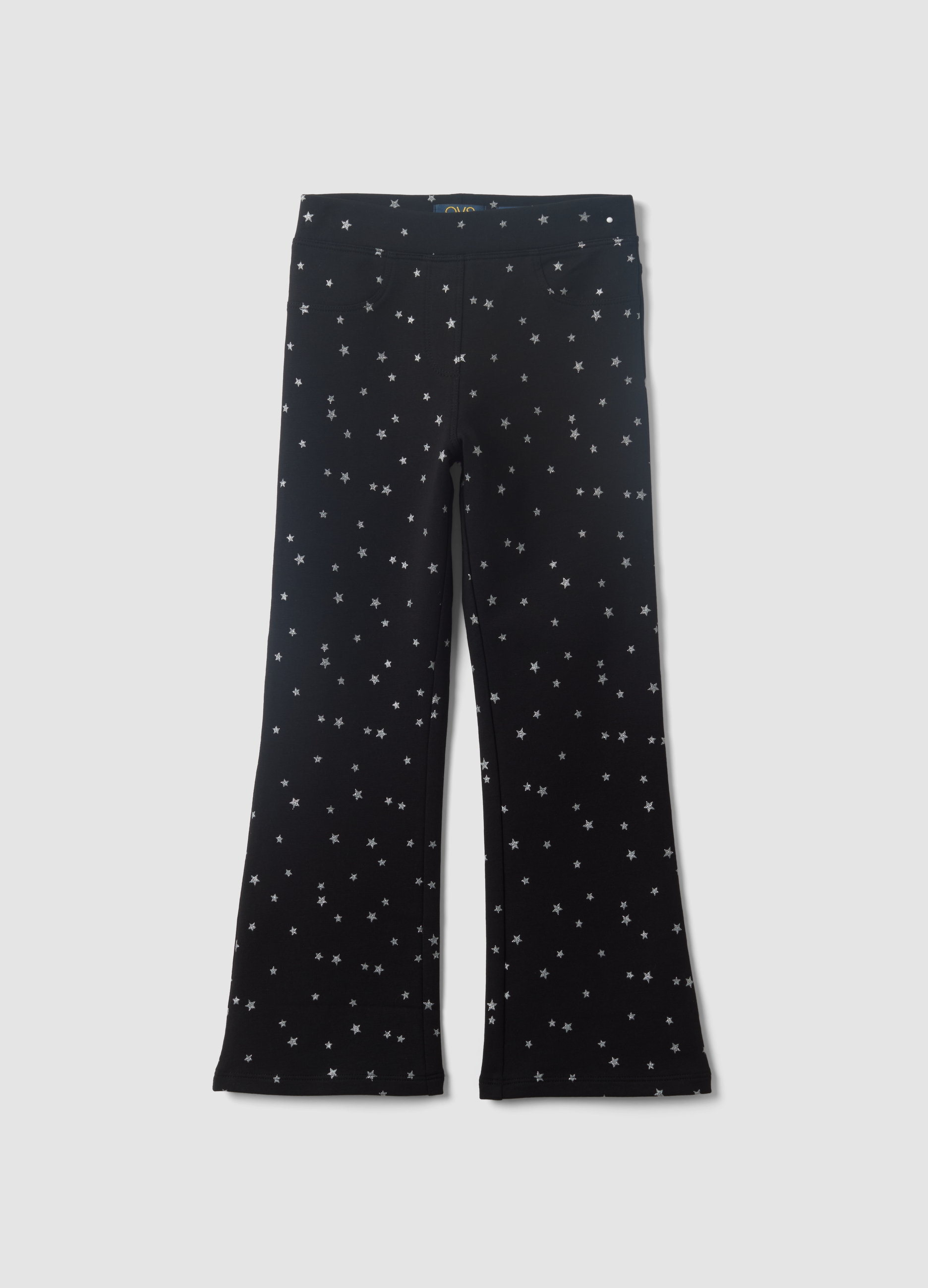 OVS KIDS, Pantaloni Flare Neri In Cotone Elasticizzato Con Fantasia Stelle Per Bambina, Nero, Taglia: 3-4
