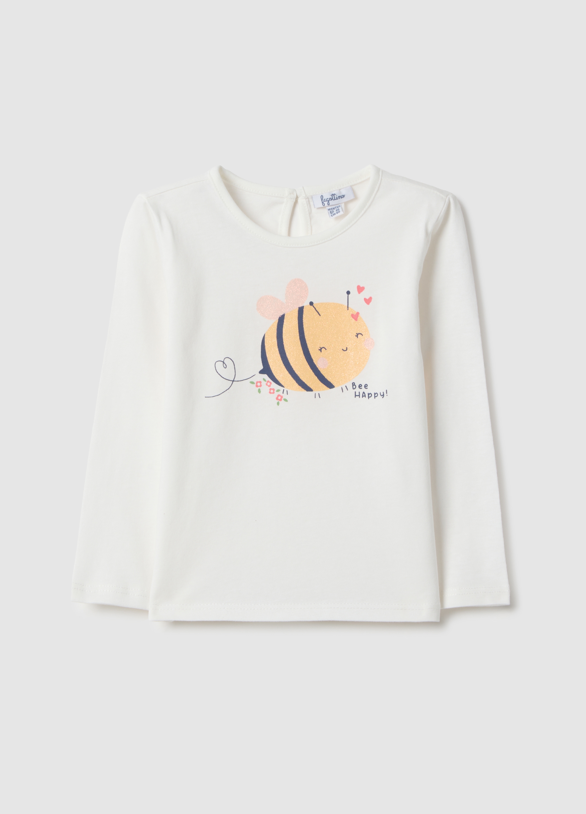 FAGOTTINO, Camiseta Infantil De Manga Larga Blanca De Algodón Puro Con Abeja, Niña, Blanco óptico, Talla: 12-18