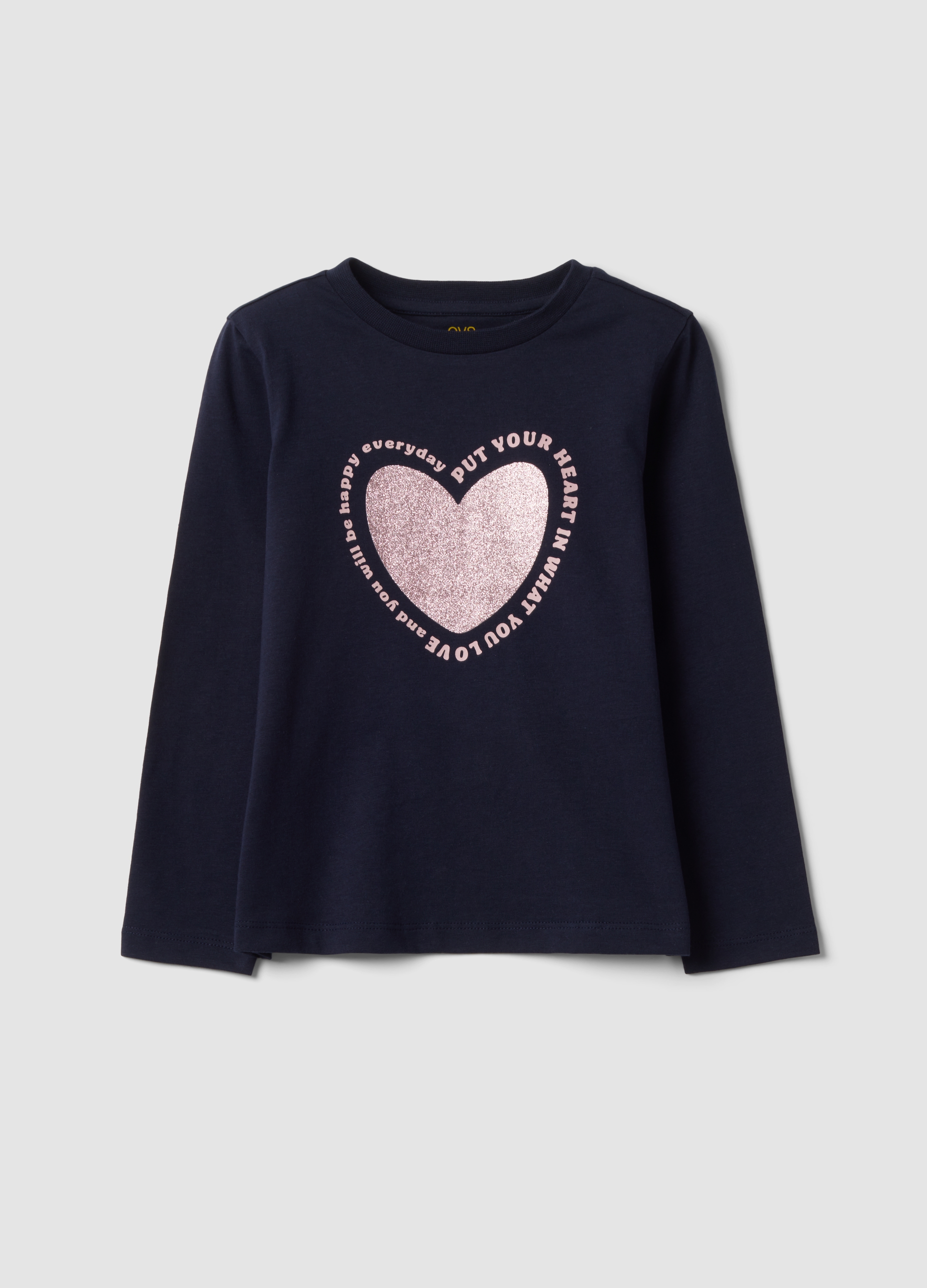 OVS KIDS, T-shirt Blu In Puro Cotone Organico Con Stampa Cuore Per Bambina, Blu, Taglia: 3-4