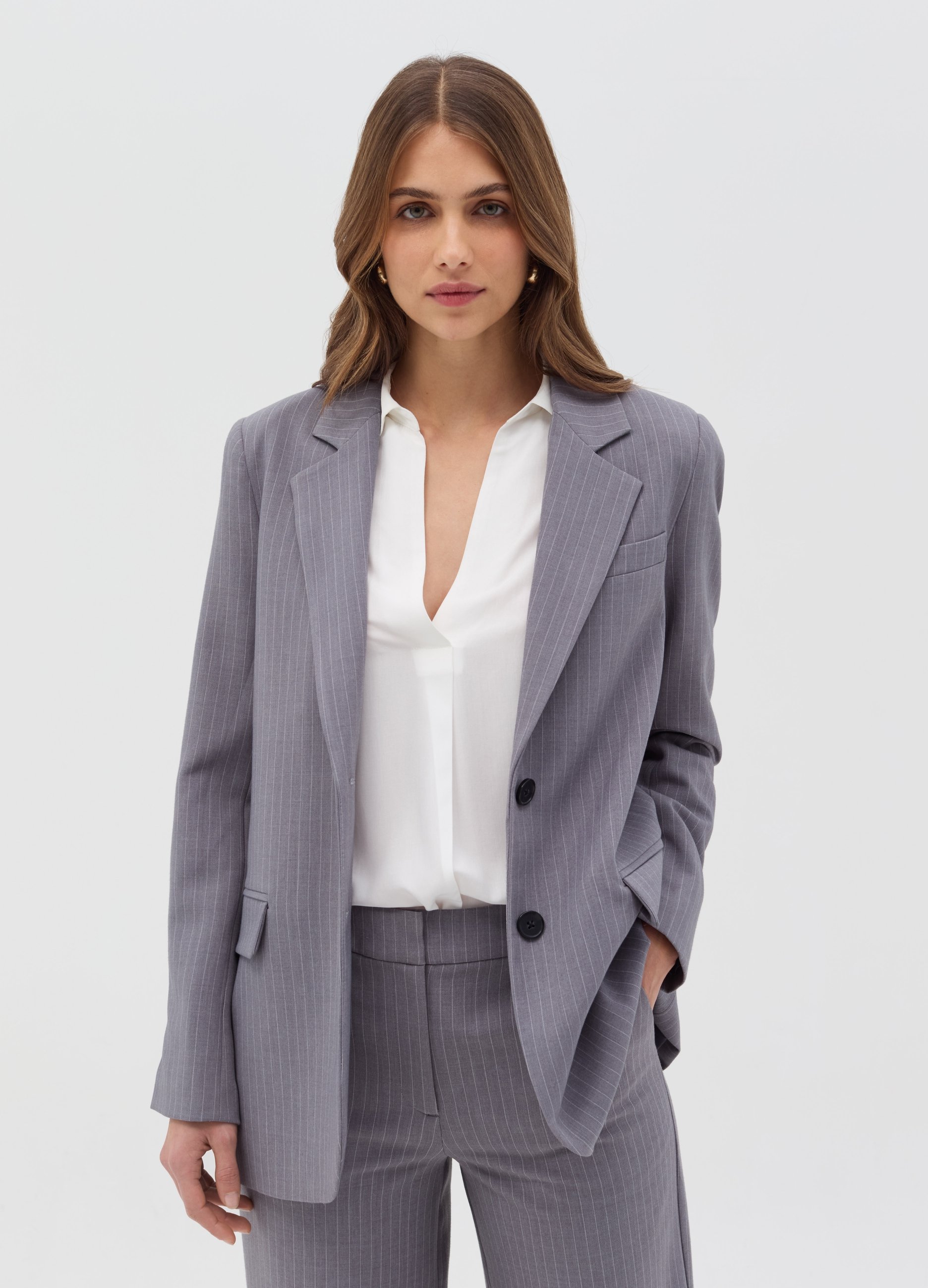 Blazer Botonadura Elástica, Mujer, Gris, Talla: 44