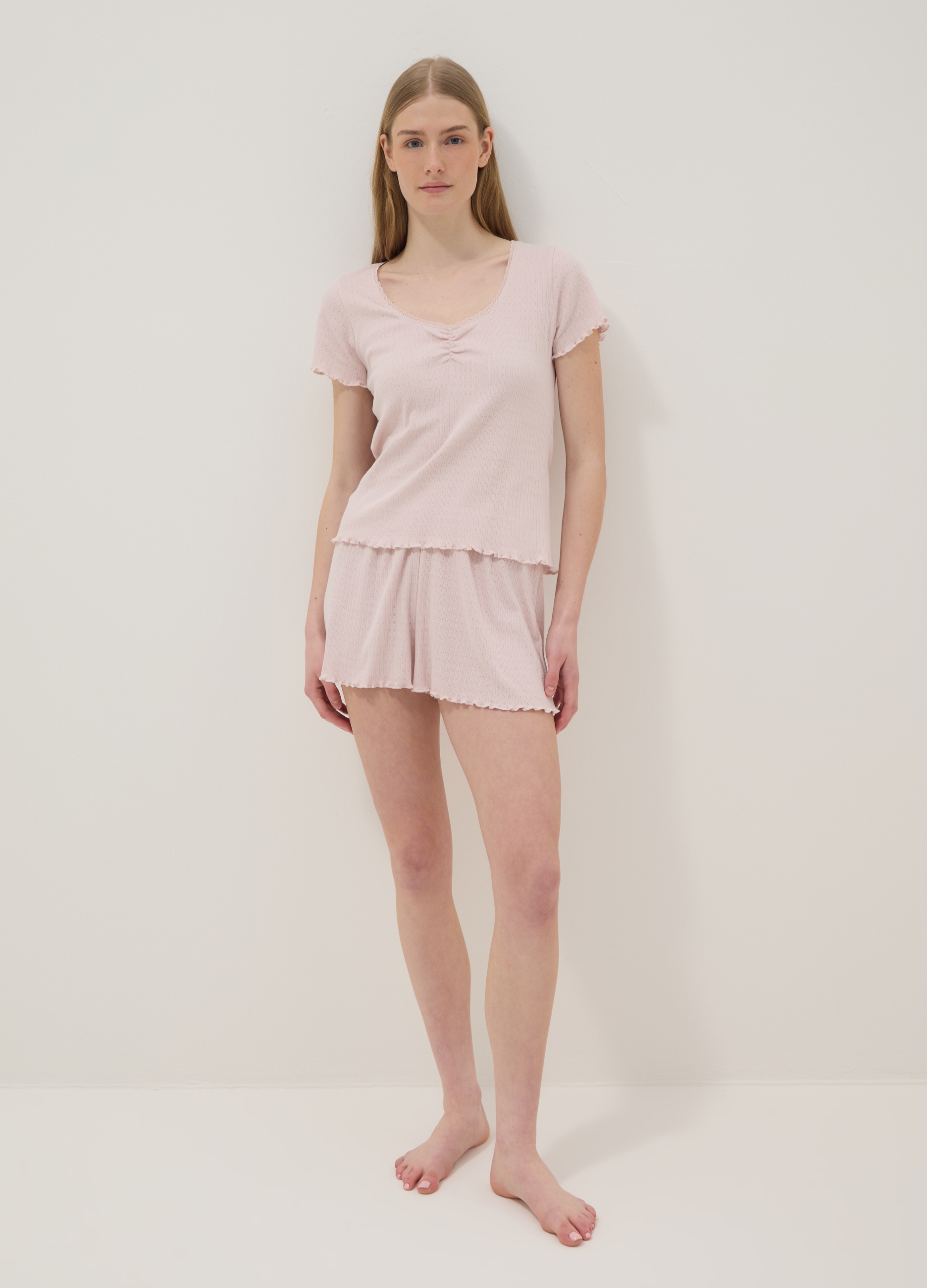 Short De Pijama Rosa De Algodón Orgánico Corte Regular Con Bordes Fruncidos, Mujer, Rosa pastel, Talla: XL