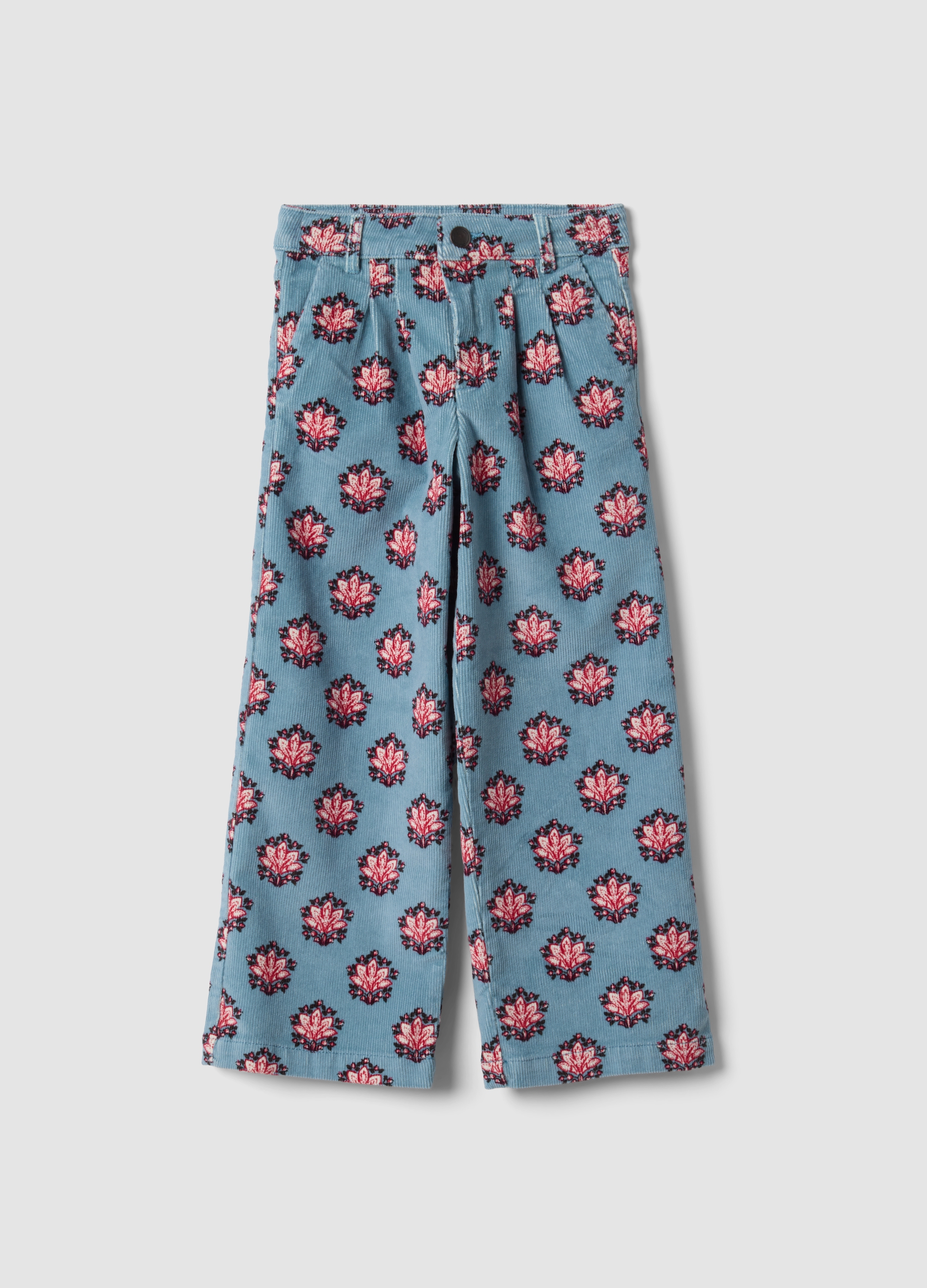 PIOMBO KIDS, Pantaloni Azzurri A Coste In Cotone Elasticizzato Con Fantasia, Bambina, Azzurro, Taglia: 12