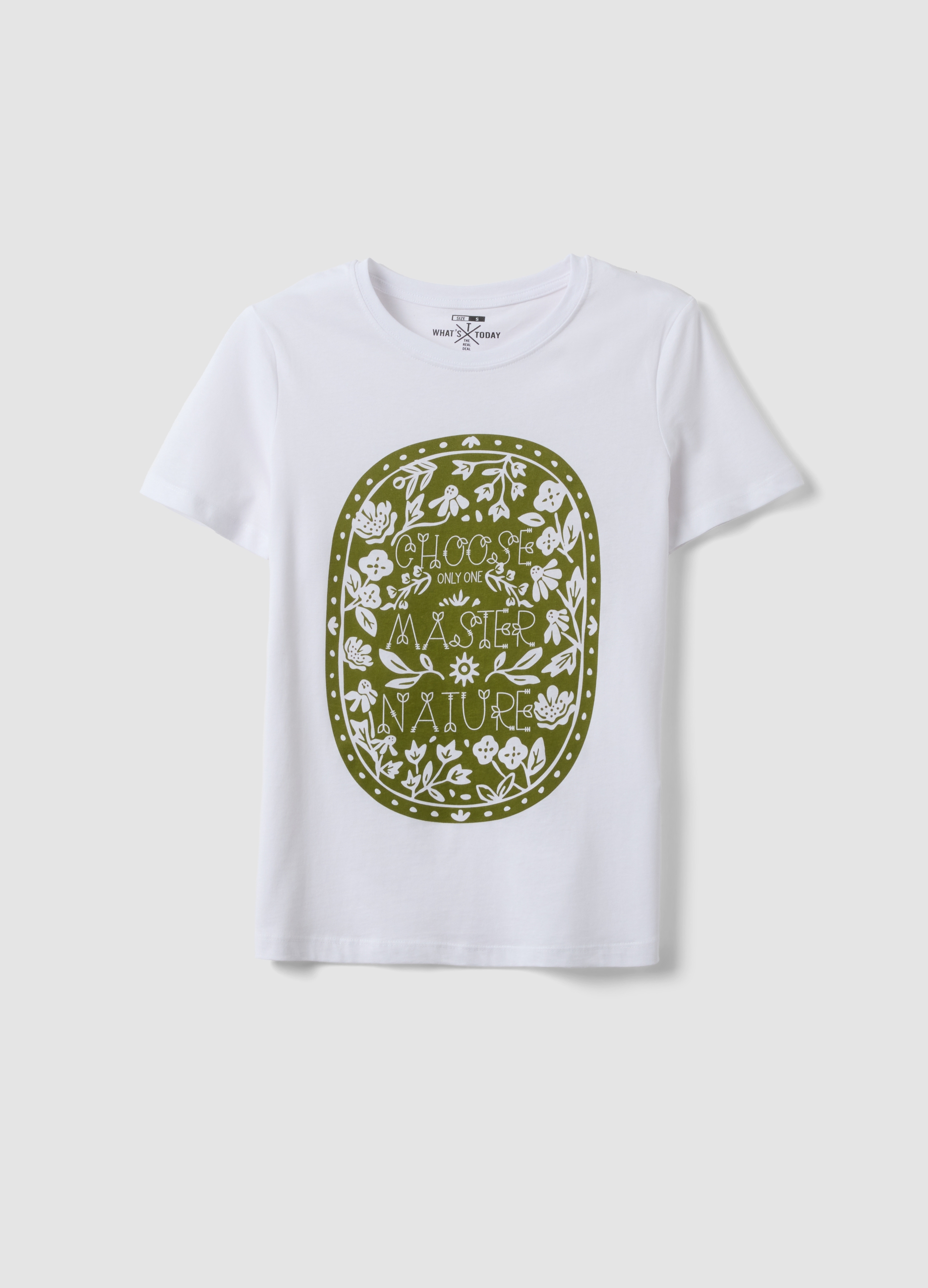 Camiseta Blanca De Algodón Puro Regular Fit Con Estampado, Mujer, Blanco/verde, Talla: 40