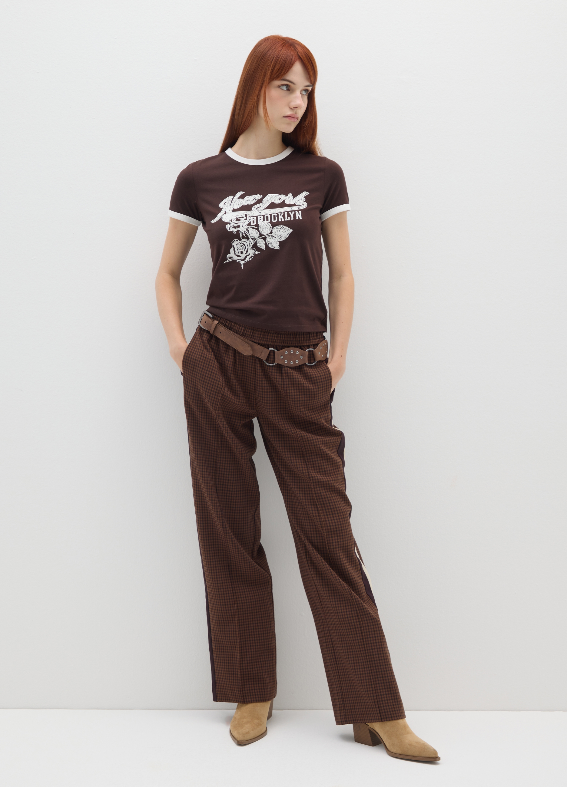 B.ANGEL, T-shirt In Cotone Elasticizzato Marrone Regular Fit, Donna, Marrone, Taglia: XS