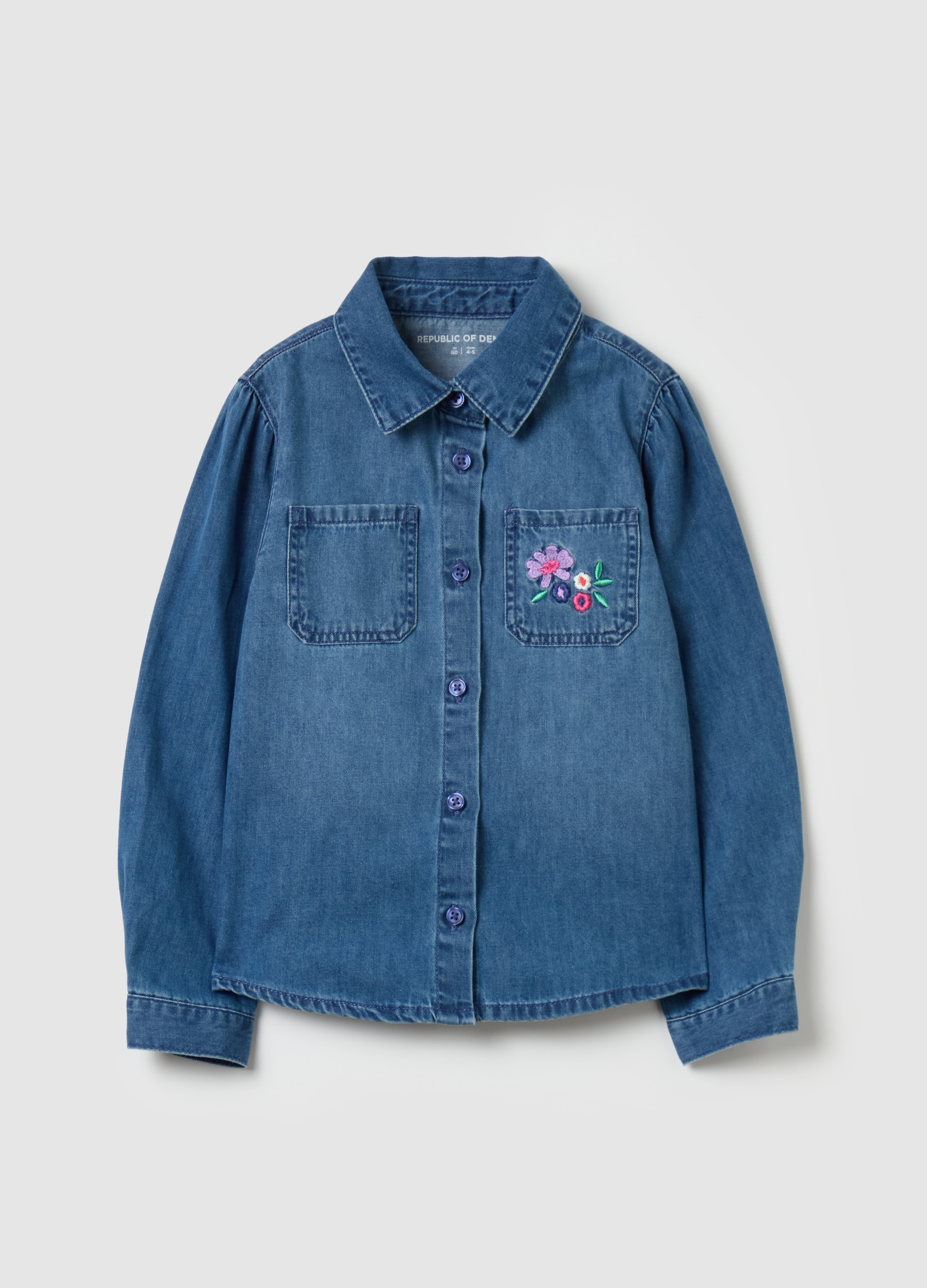 OVS KIDS, Camisa De Denim Con Bordado Floral, Niña, Lavado medio, Talla: 3-4