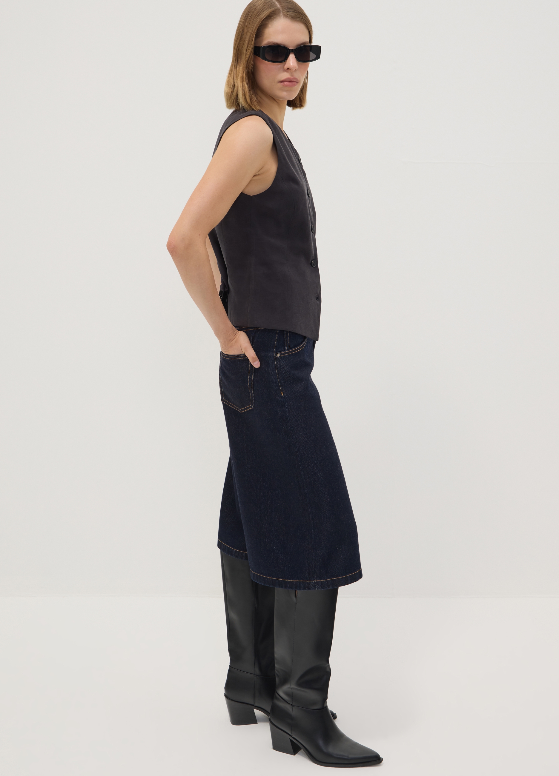 REPUBLIC OF DENIM, Bermuda Denim Blu In Misto Cotone E Lyocell Wide Leg, Donna, Blu, Taglia: 40
