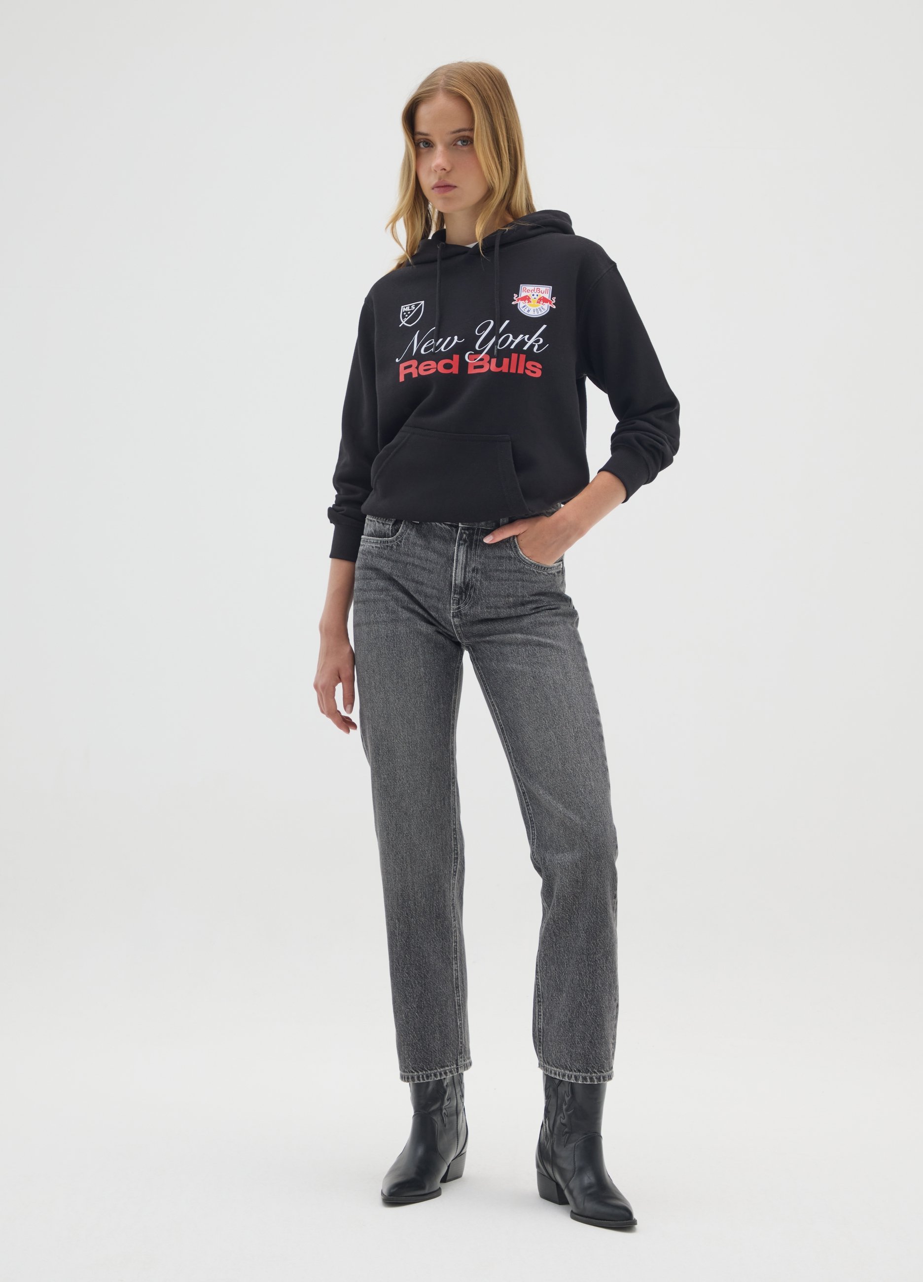 OVS, Felpa Nera Con Cappuccio In Misto Cotone Con Logo Red Bulls New York, Donna, Nero, Taglia: S