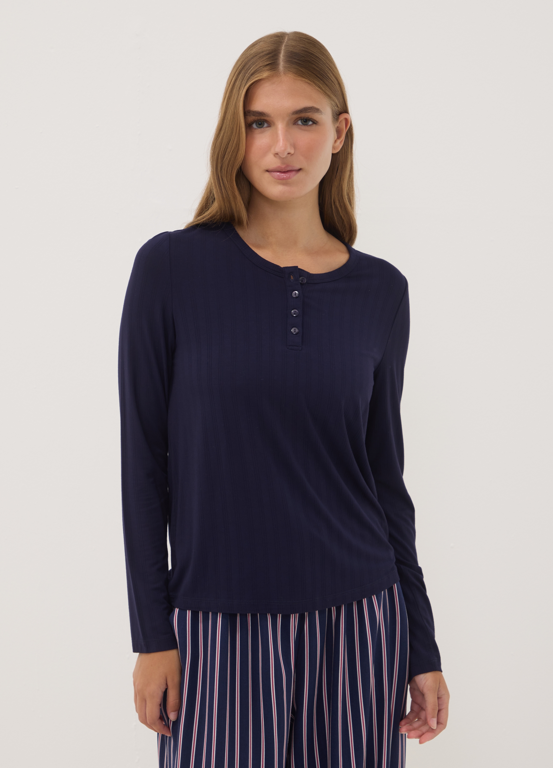 OVS, Maglia Pigiama Blu In Viscosa Elasticizzata A Costine, Donna, Blu, Taglia: L