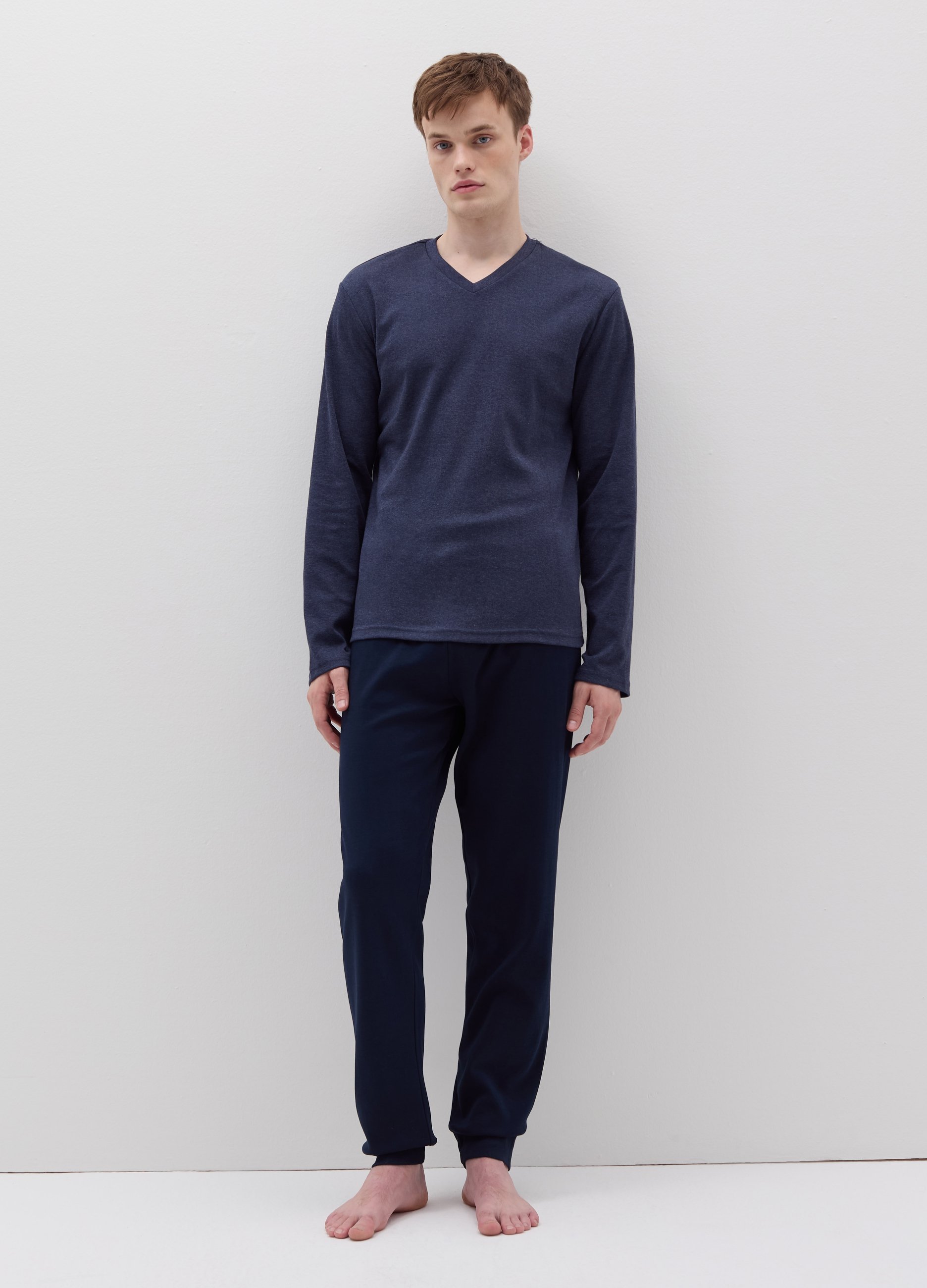 Pijama Largo Parte De Arriba Con Cuello De Pico, Hombre, Azul jaspeado, Talla: S