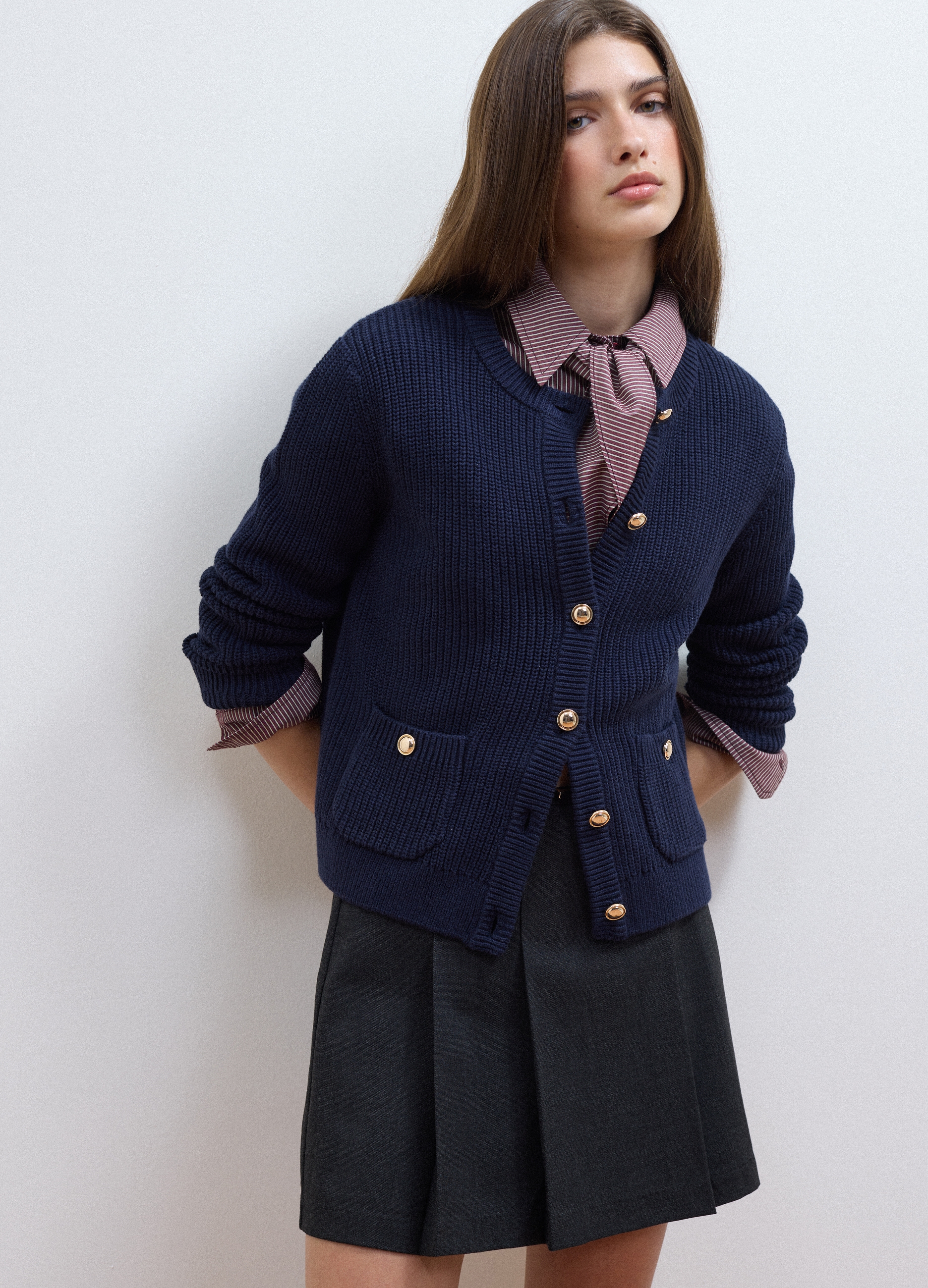 LES COPAINS, Cardigan Blu In Puro Cotone A Maglia Con Girocollo, Donna, Blu, Taglia: XS