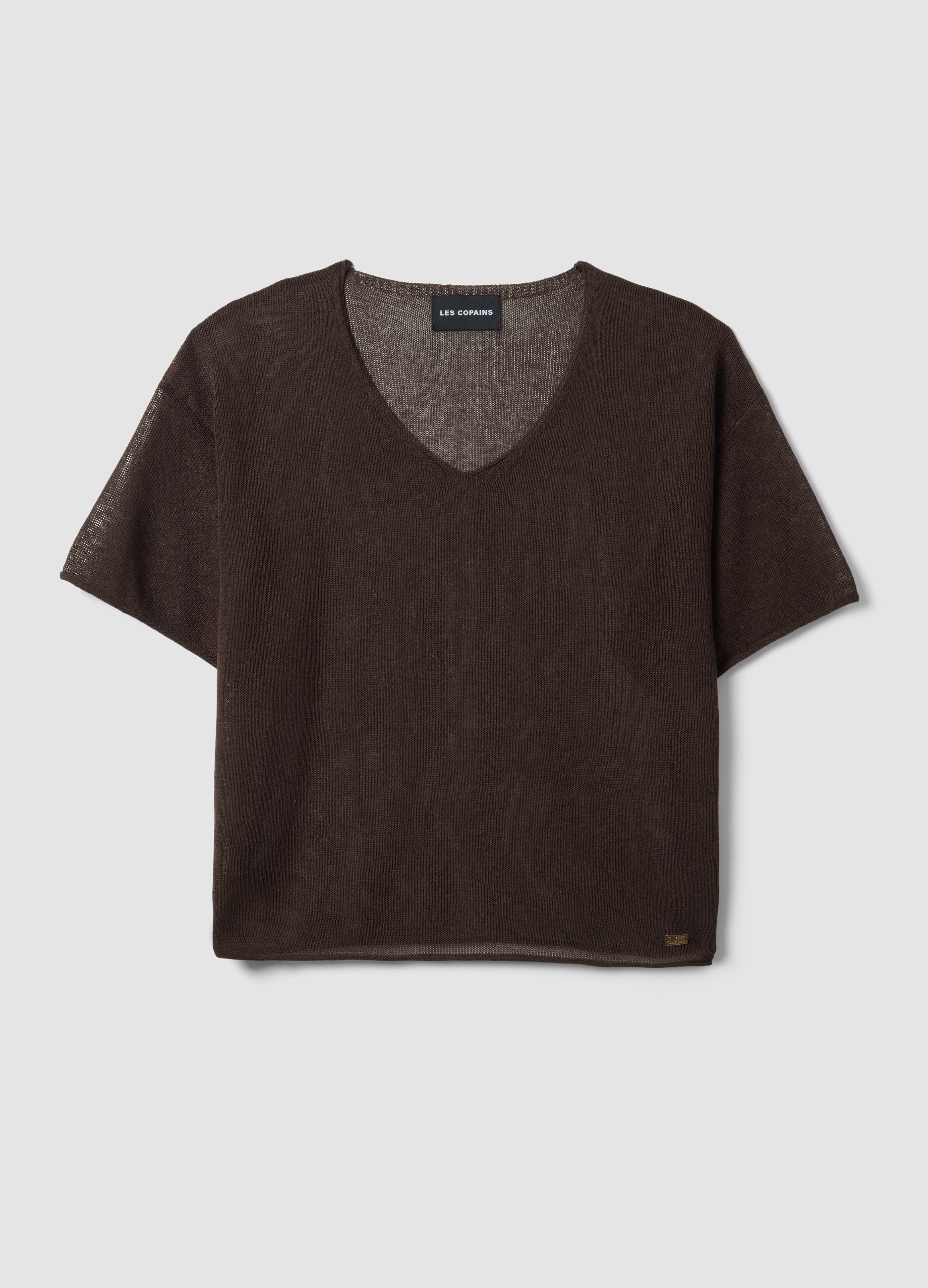 LES COPAINS, Suéter Marrón De Corte Oversize Con Cuello En V, Mezcla De Lyocell Y Lino, Mujer, Marrón oscuro, Talla: 36