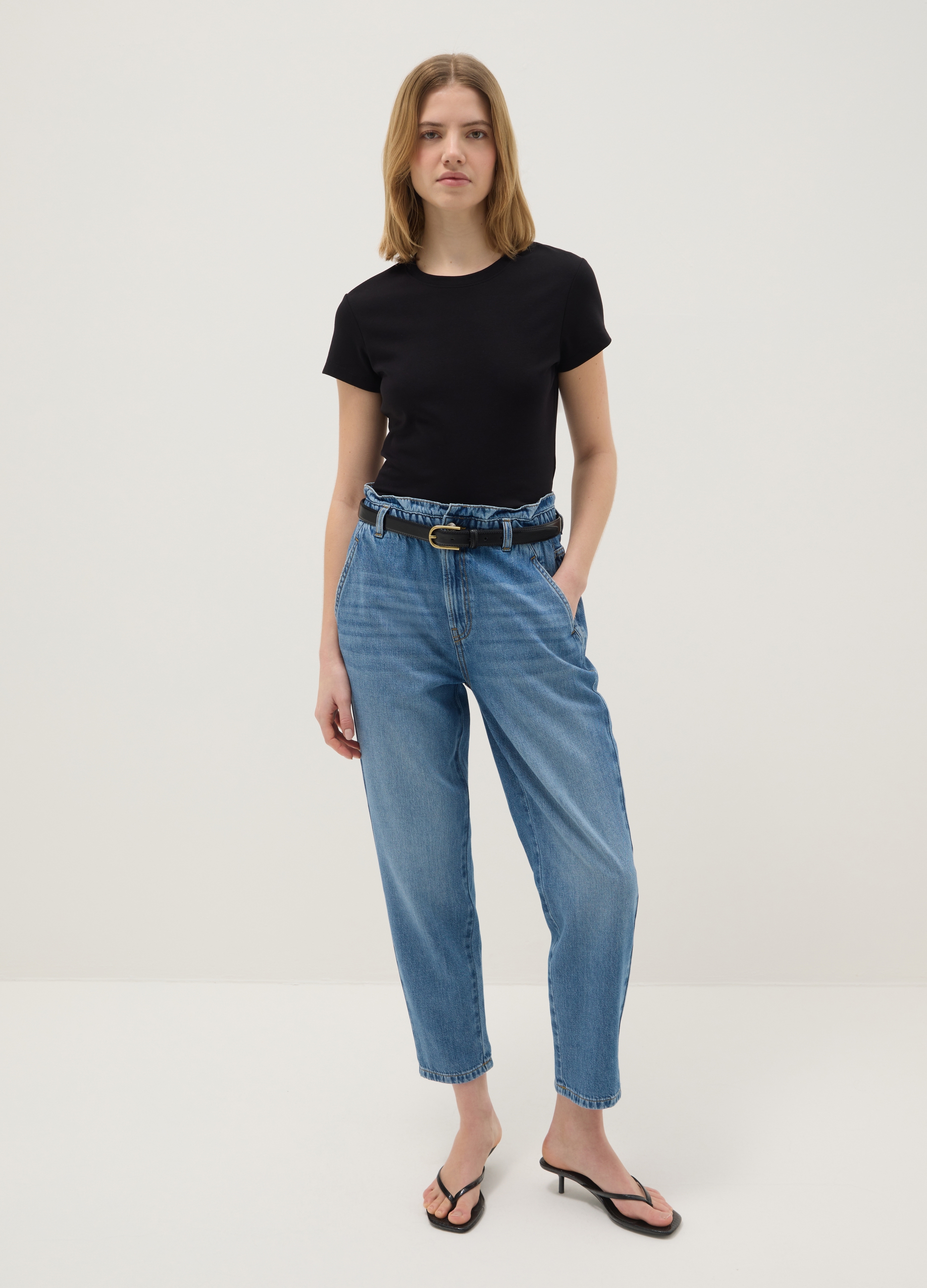 Pantaloni Baggy In Puro Cotone Blu, Mujer, Azul vaquero, Talla: 38