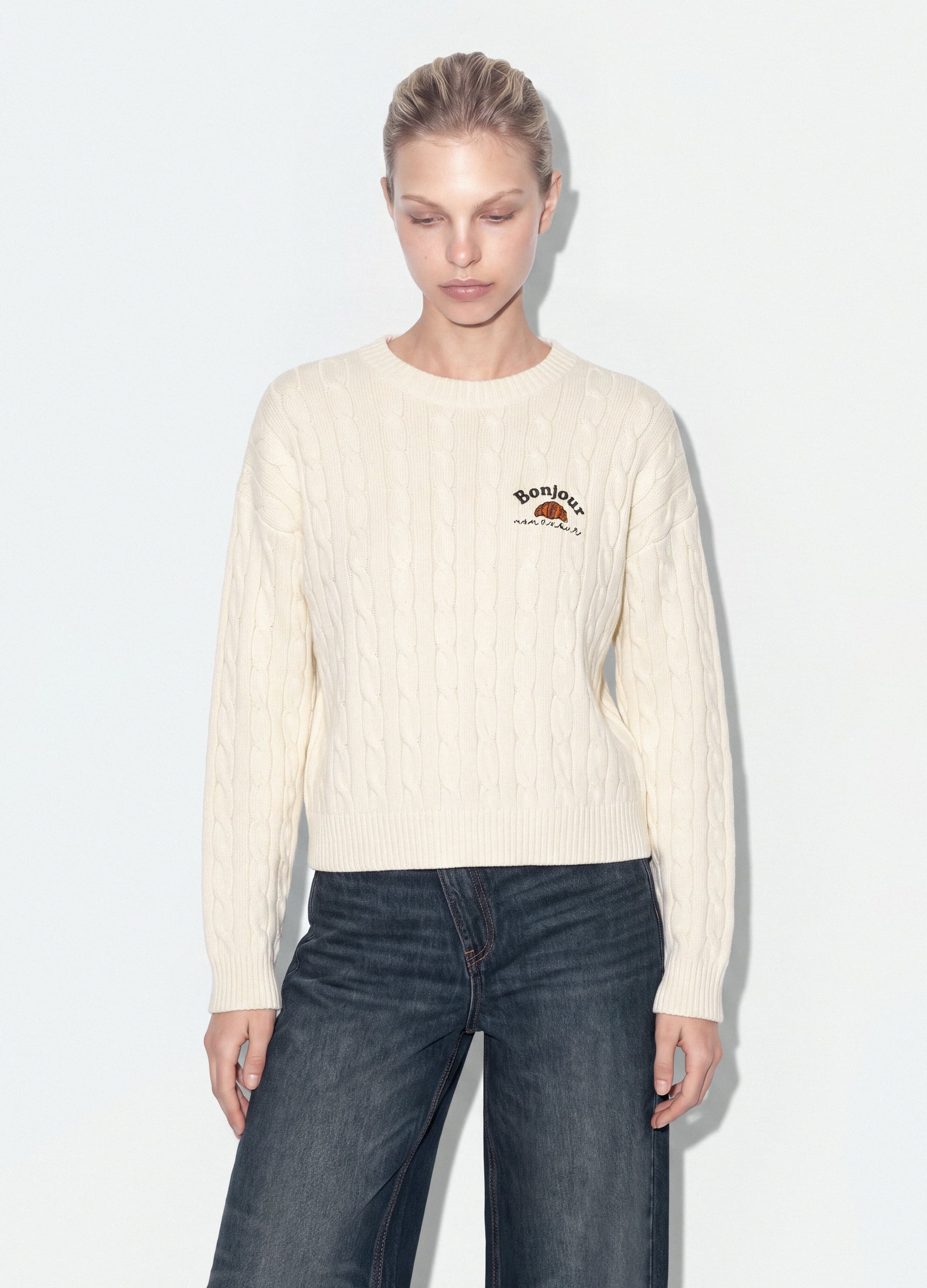 B.ANGEL, Maglia Bianca In Puro Cotone A Trecce Con Ricamo Croissant, Donna, Bianco, Taglia: S