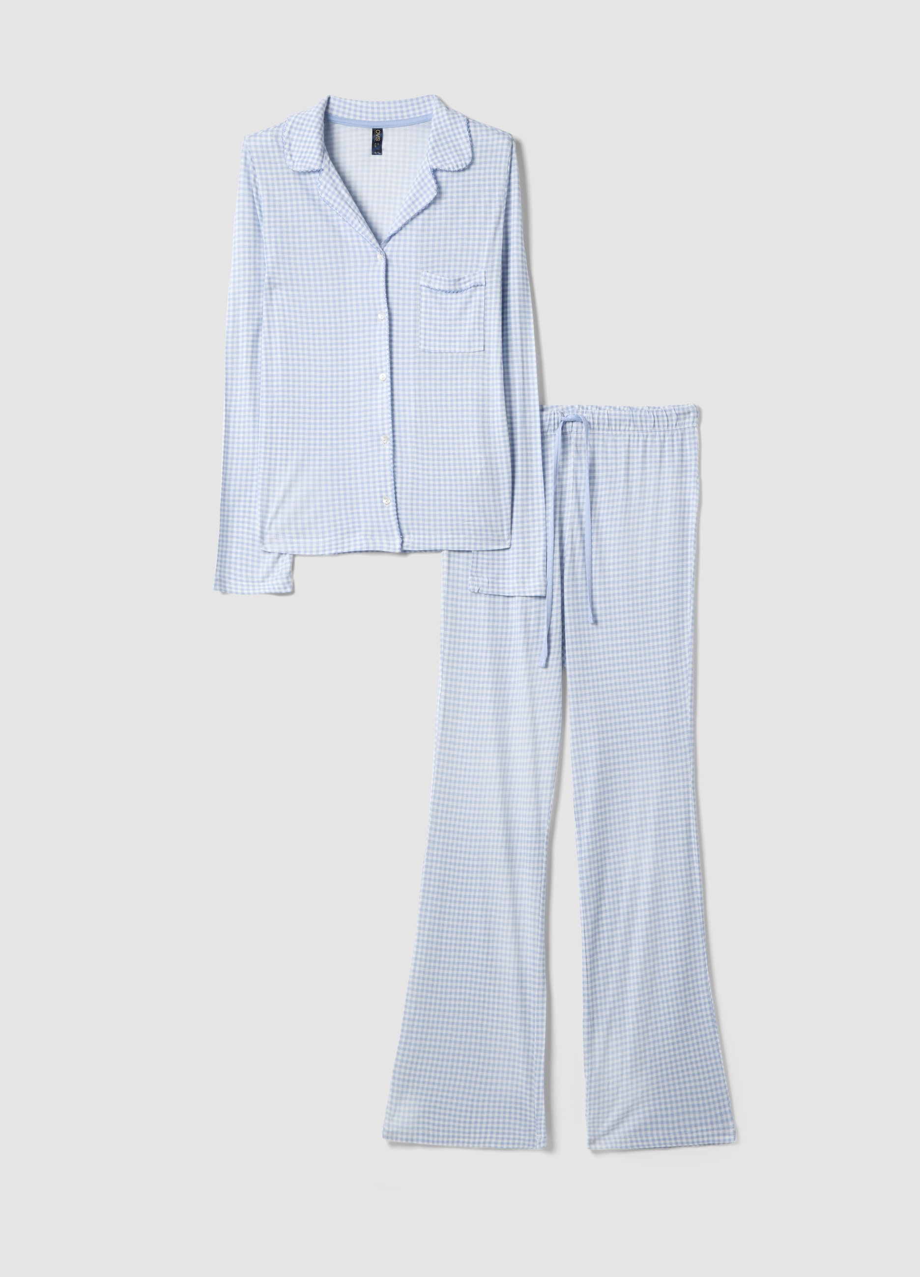 Pijama De Pura Viscosa A Cuadros Multicolor Ajuste Regular Con Cuello En V, Mujer, Blanco/azul claro, Talla: M