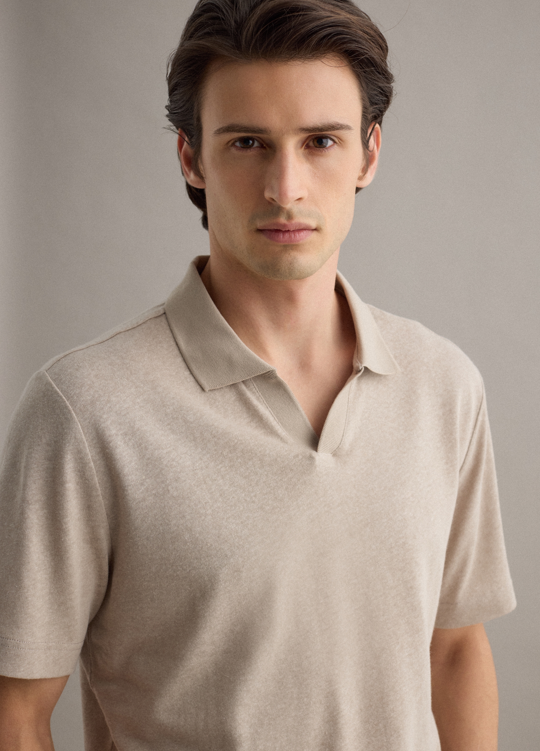 Piombo Contemporary, Polo Beige De Mezcla De Lino Y Algodón, Corte Regular, Hombre, Beige Jaspeado, Talla: L