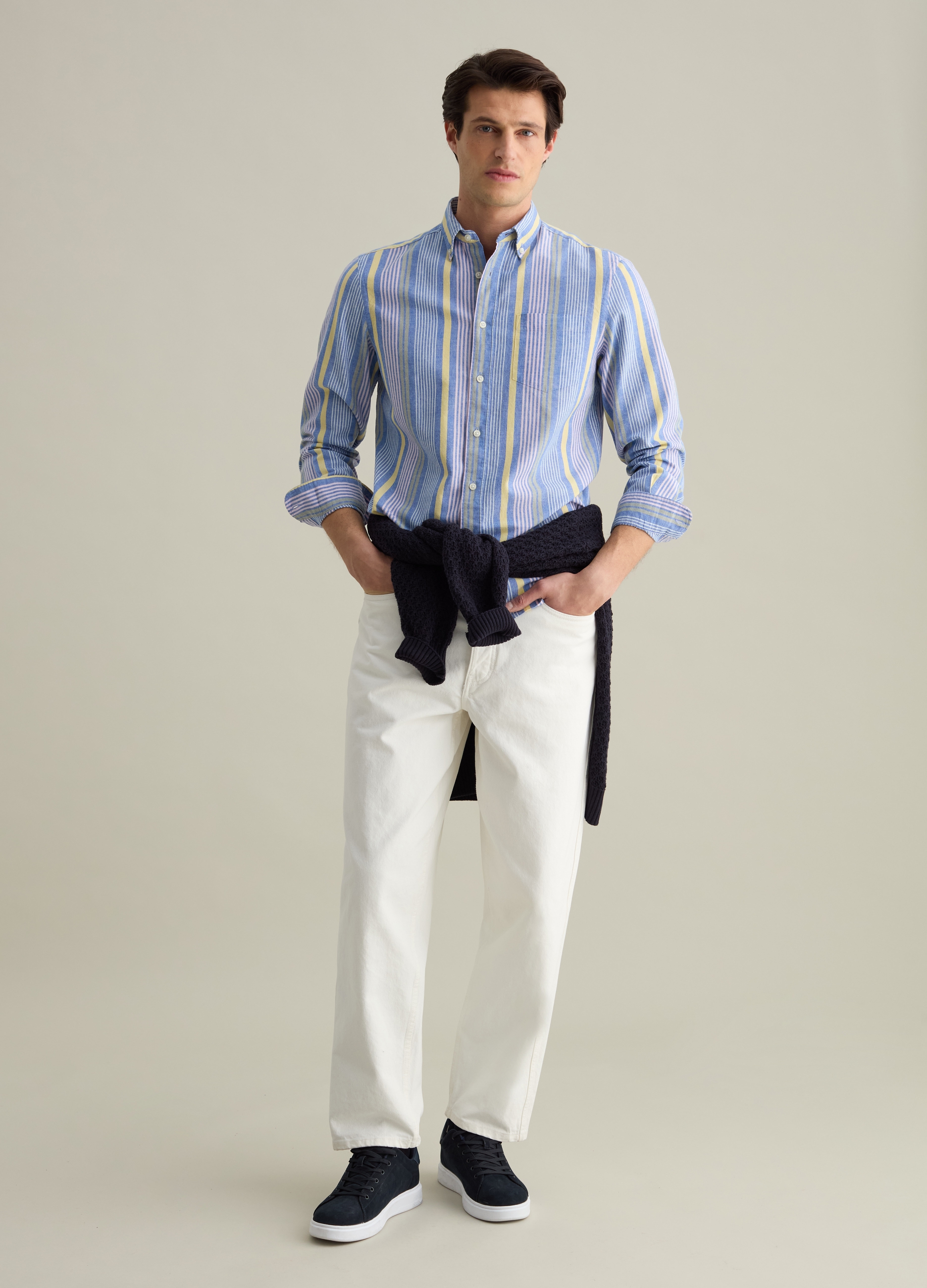 PIOMBO, Camicia Regular Fit In Cotone E Lino A Righe Multicolore, Uomo, Multicolor, Taglia: M