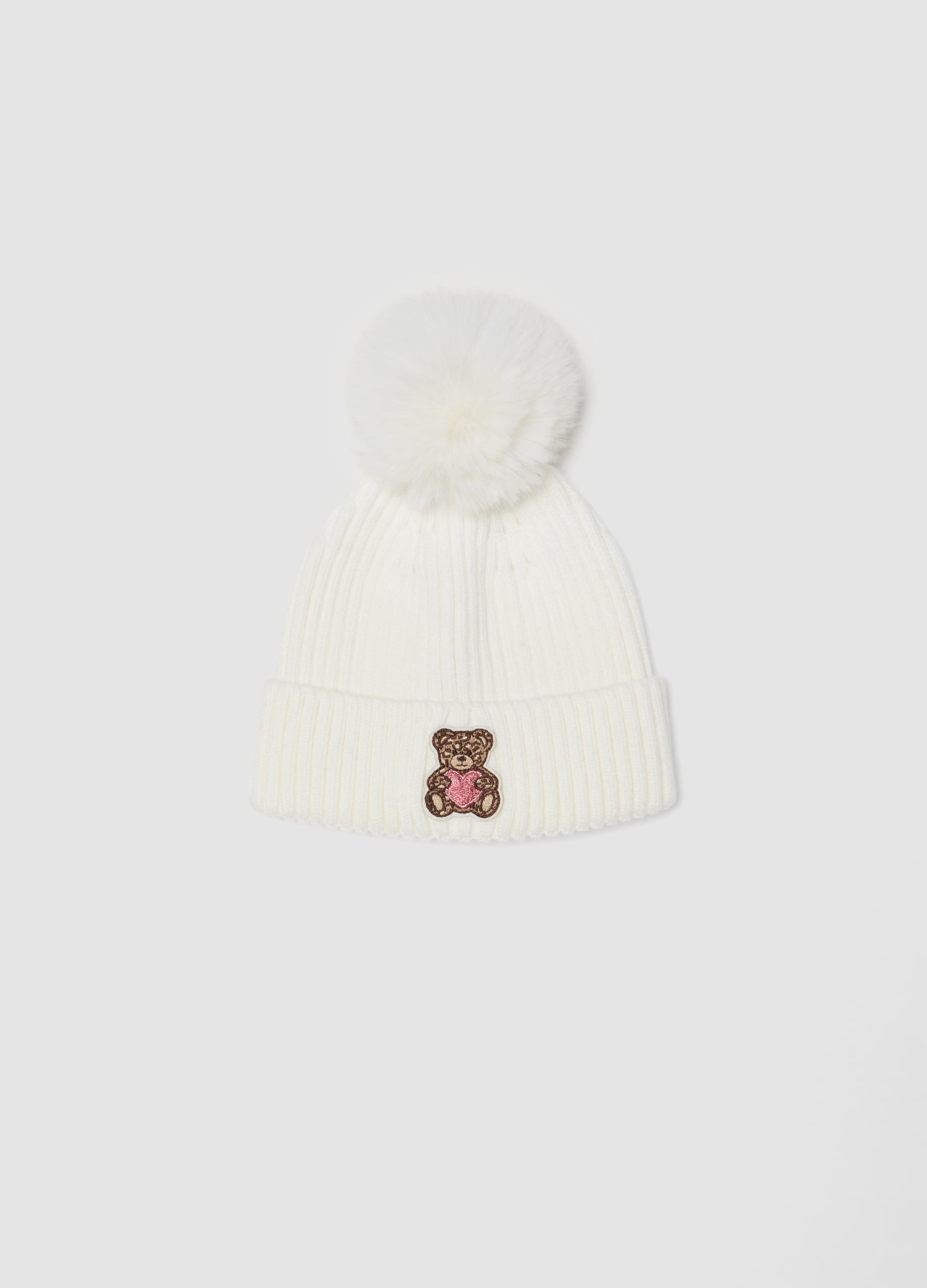 OVS KIDS, Cappello Bianco In Misto Viscosa A Costine Con Pompon, Bambina, Bianco, Taglia: 56