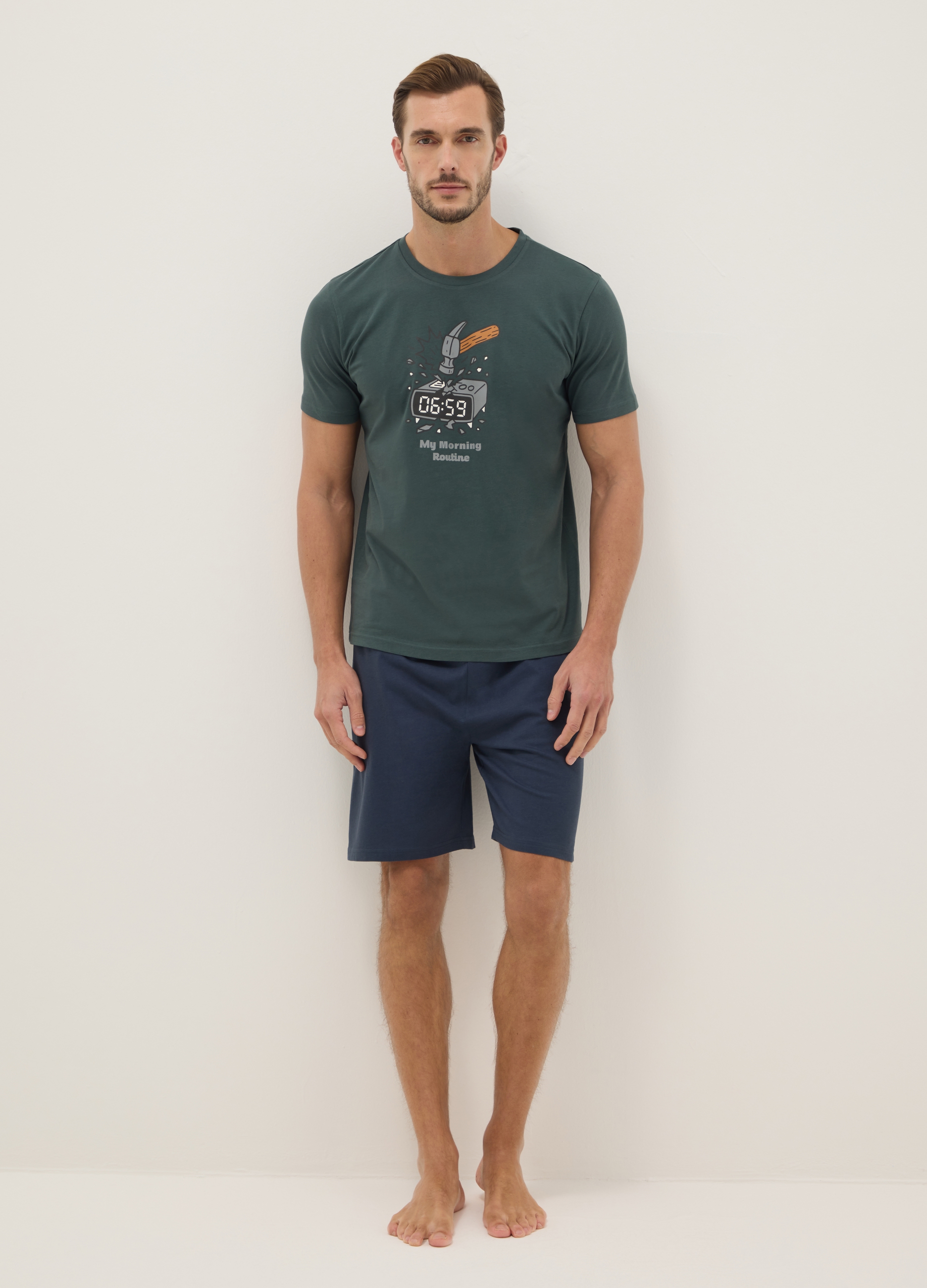 Pijama Corto De Puro Algodón Multicolor Ajuste Regular Con Estampado, Hombre, Green/Blue, Talla: S