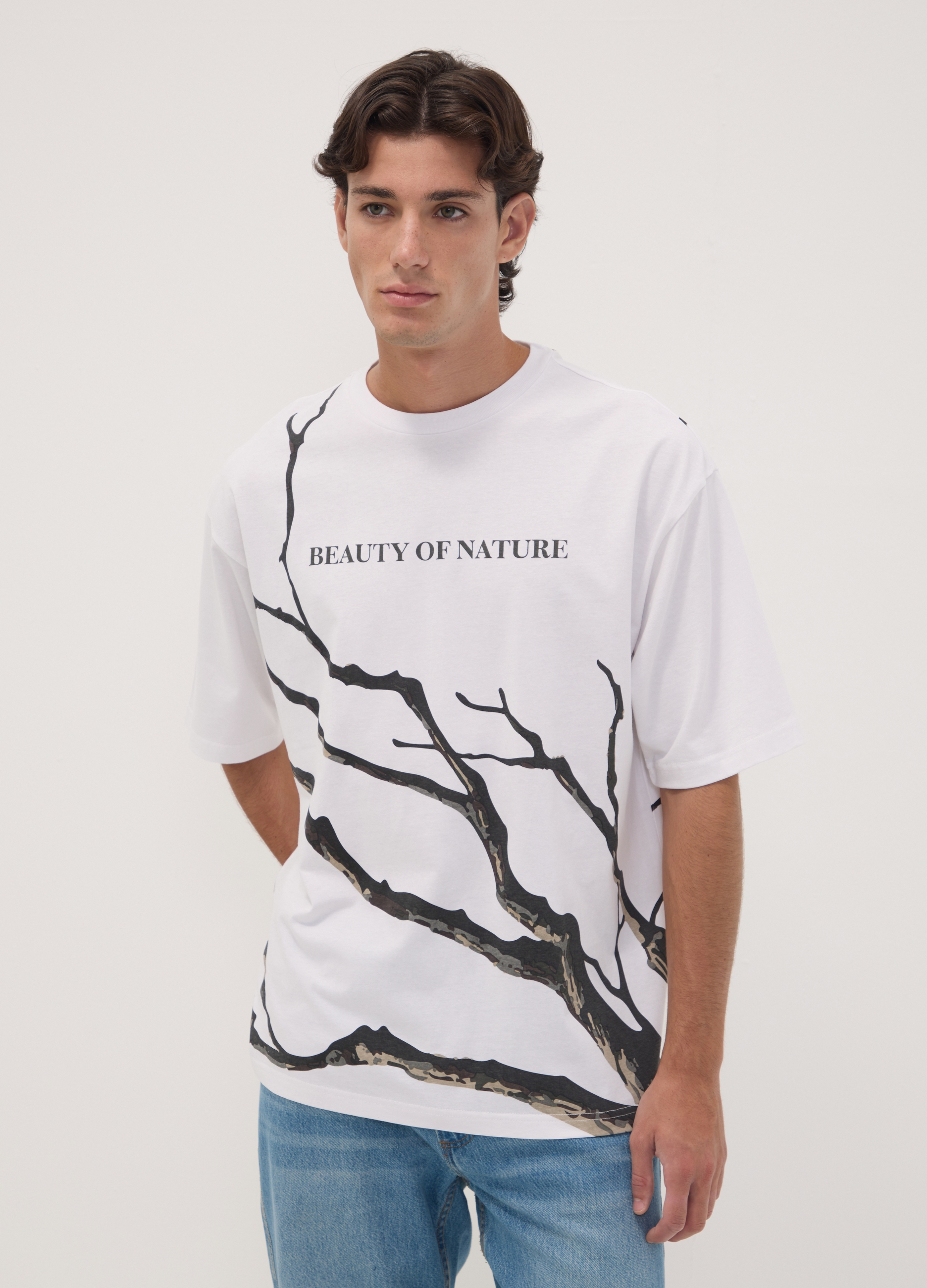 E-TEES, T-shirt Bianca In Puro Cotone Con Stampa Ramage, Uomo, Bianco, Taglia: S