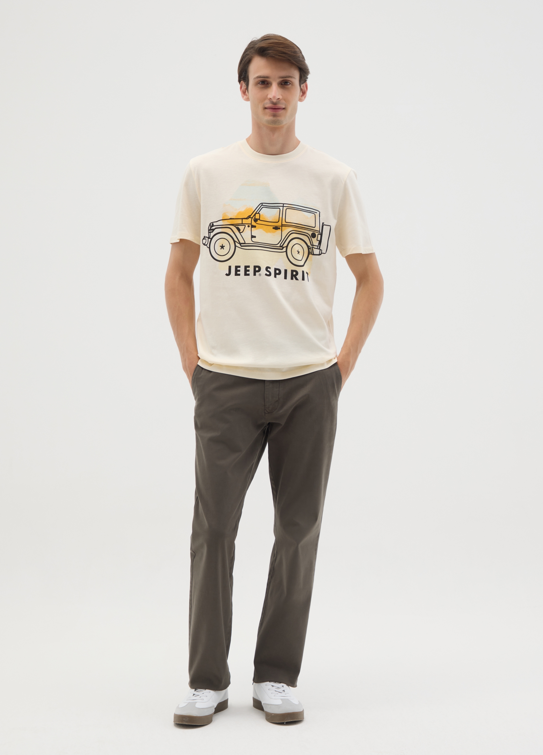JEEP, T-shirt In Puro Cotone Beige Regular Fit, Uomo, Beige, Taglia: S