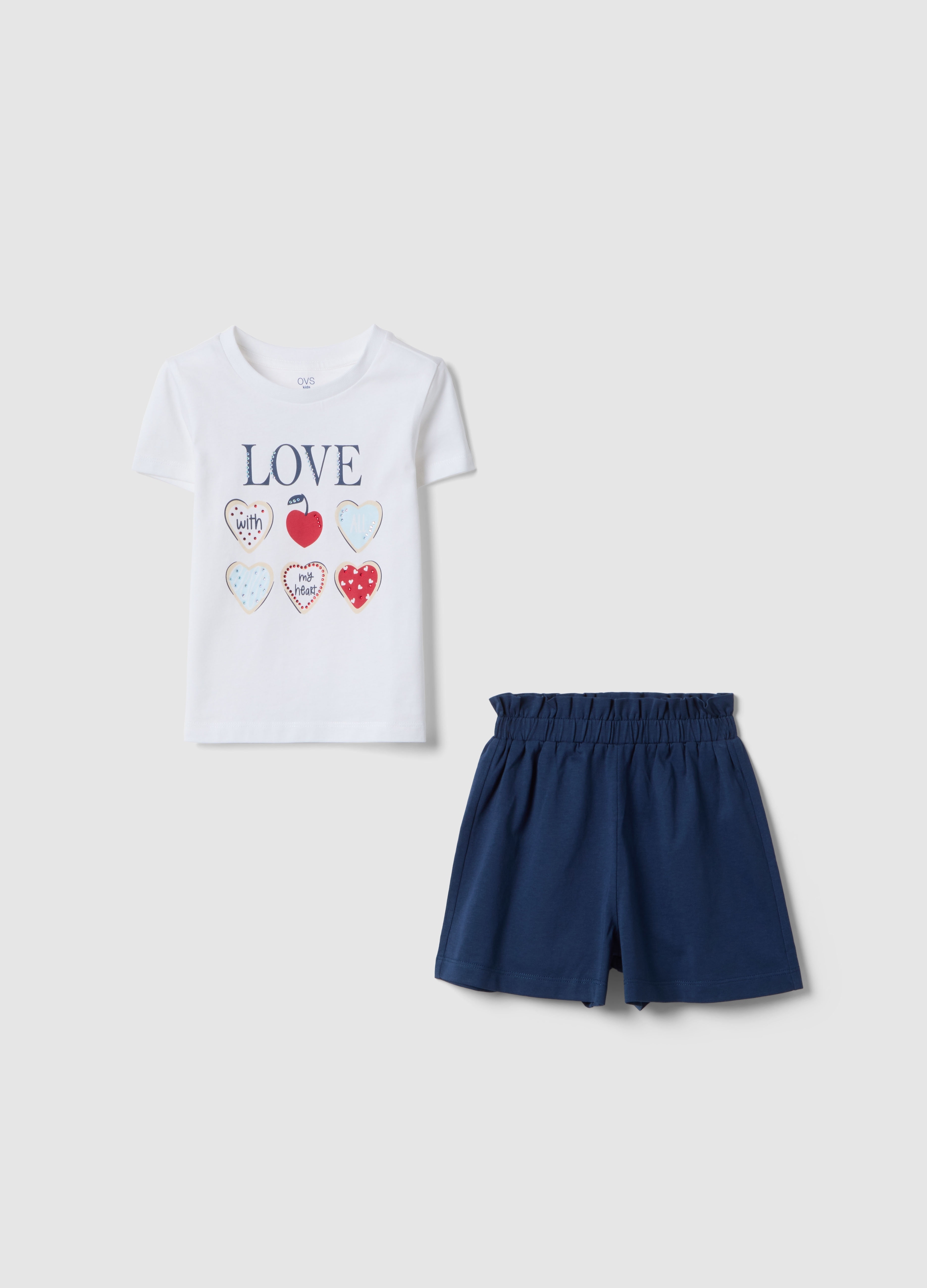 OVS KIDS, Conjunto De Camiseta Y Pantalones Cortos Multicolor De Algodón Puro Para Niña Con Ajuste Regular, Niña, Blanco/azul, Talla: 6-7