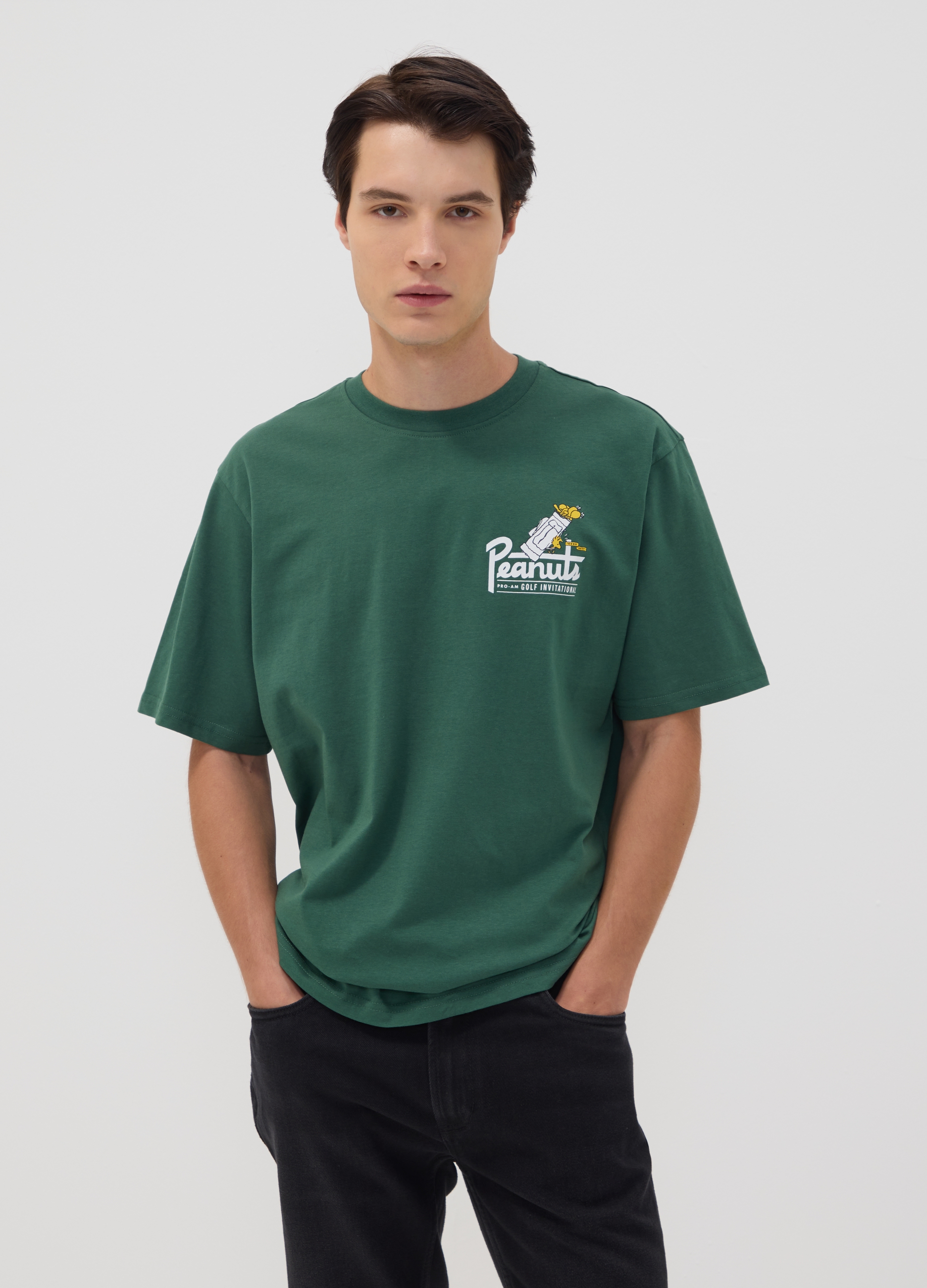 PEANUTS, T-shirt Verde In Puro Cotone Con Stampa Peanuts Relaxed Fit, Uomo, Verde, Taglia: S