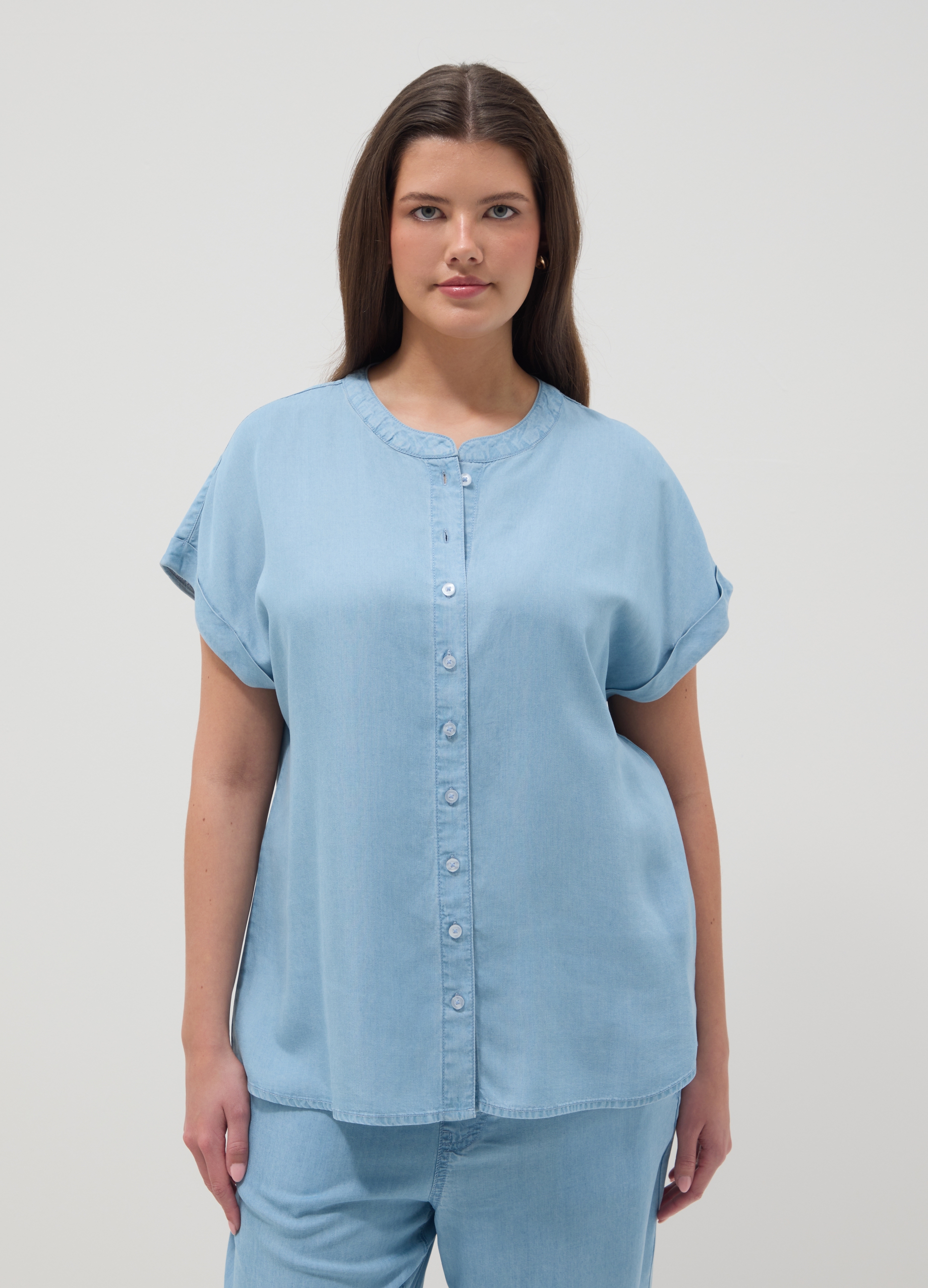 Blusa Azul De Lyocell Puro Regular Fit Con Cuello Mao, Mujer, Azul claro, Talla: M