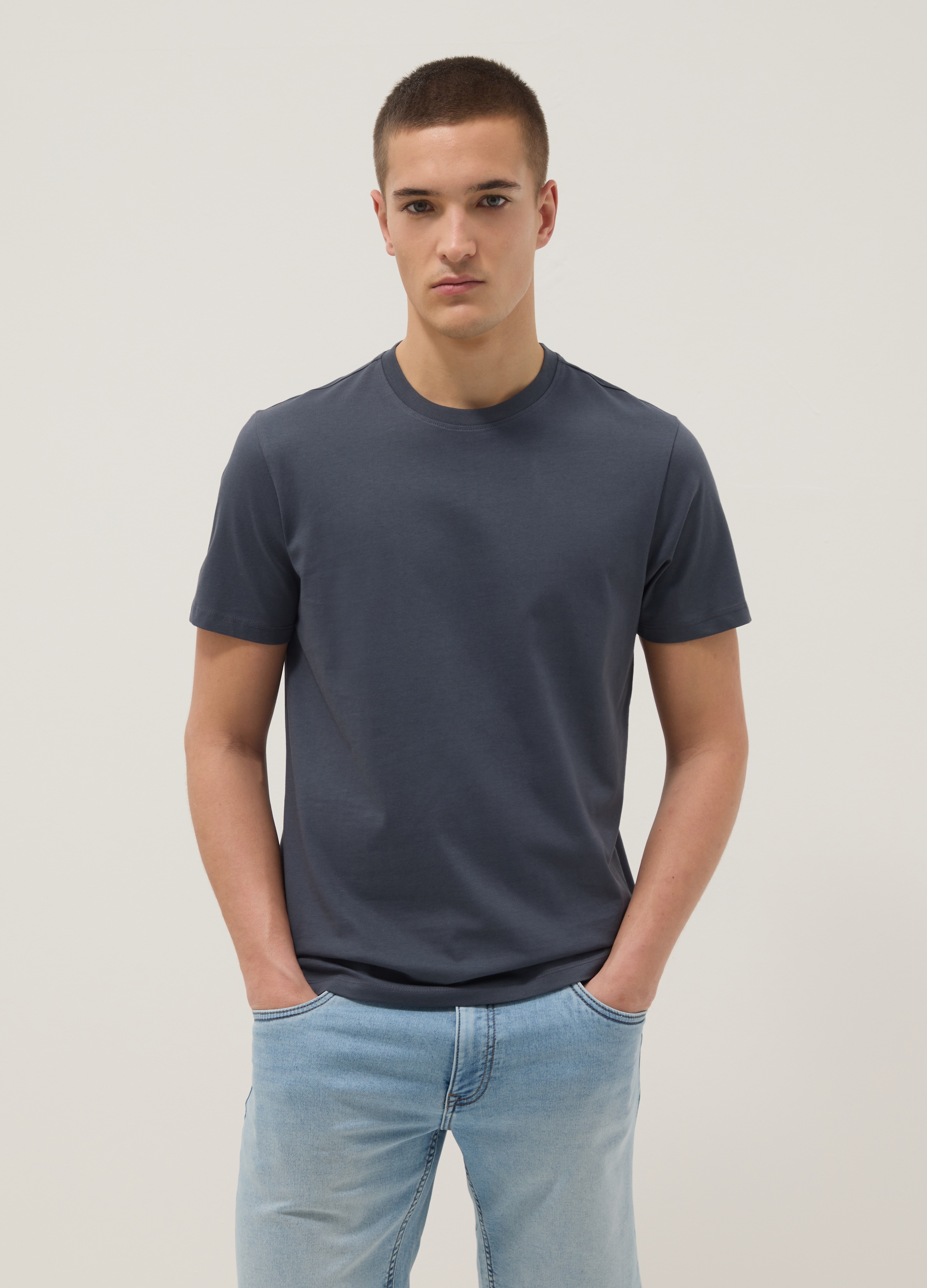 Camiseta Azul De Manga Corta En Puro Algodón Corte Regular, Hombre, Azul oscuro, Talla: L