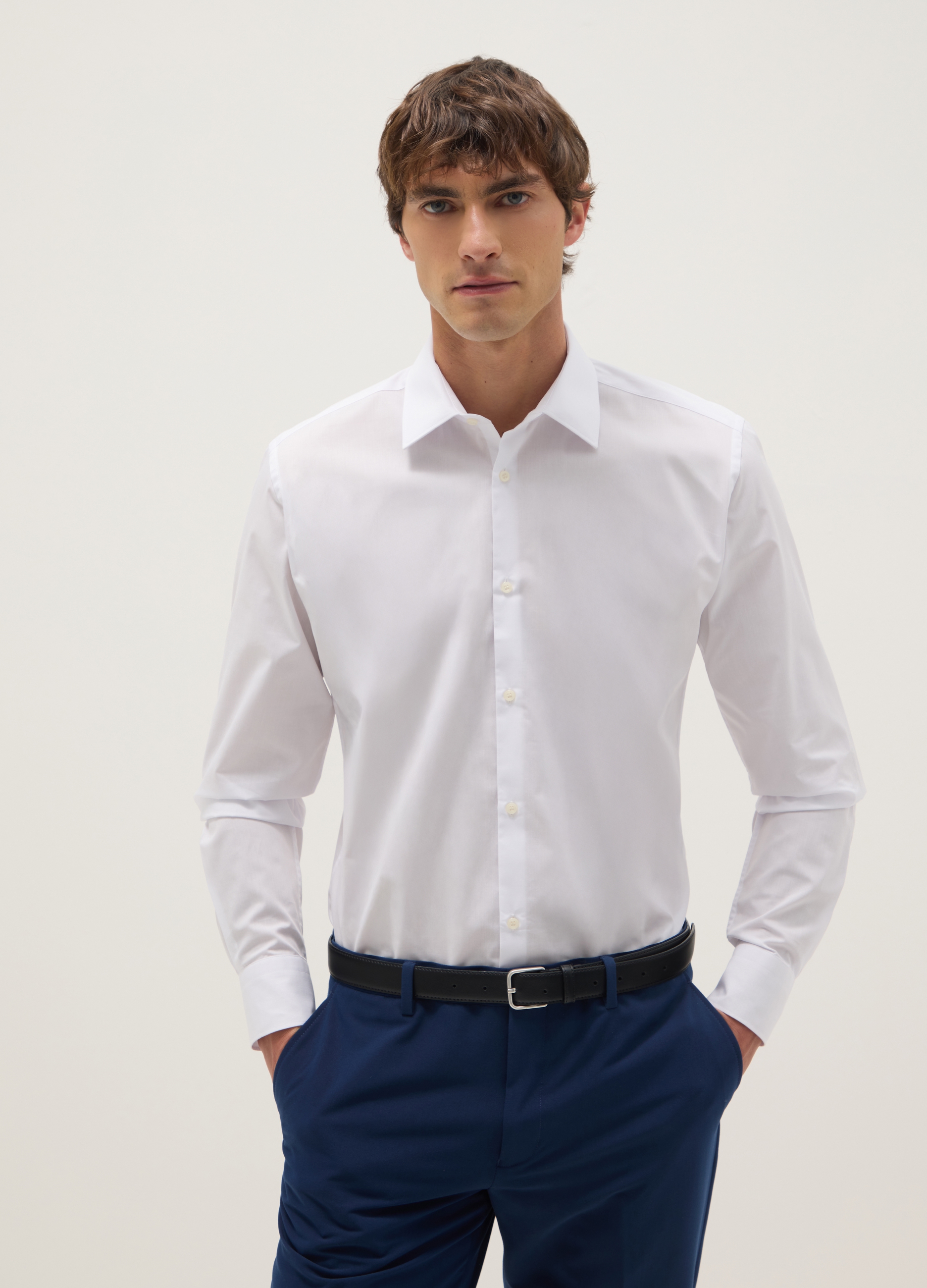 Camisa Blanca De Ajuste Slim En Mezcla De Algodón, Hombre, Blanco óptico, Talla: 38