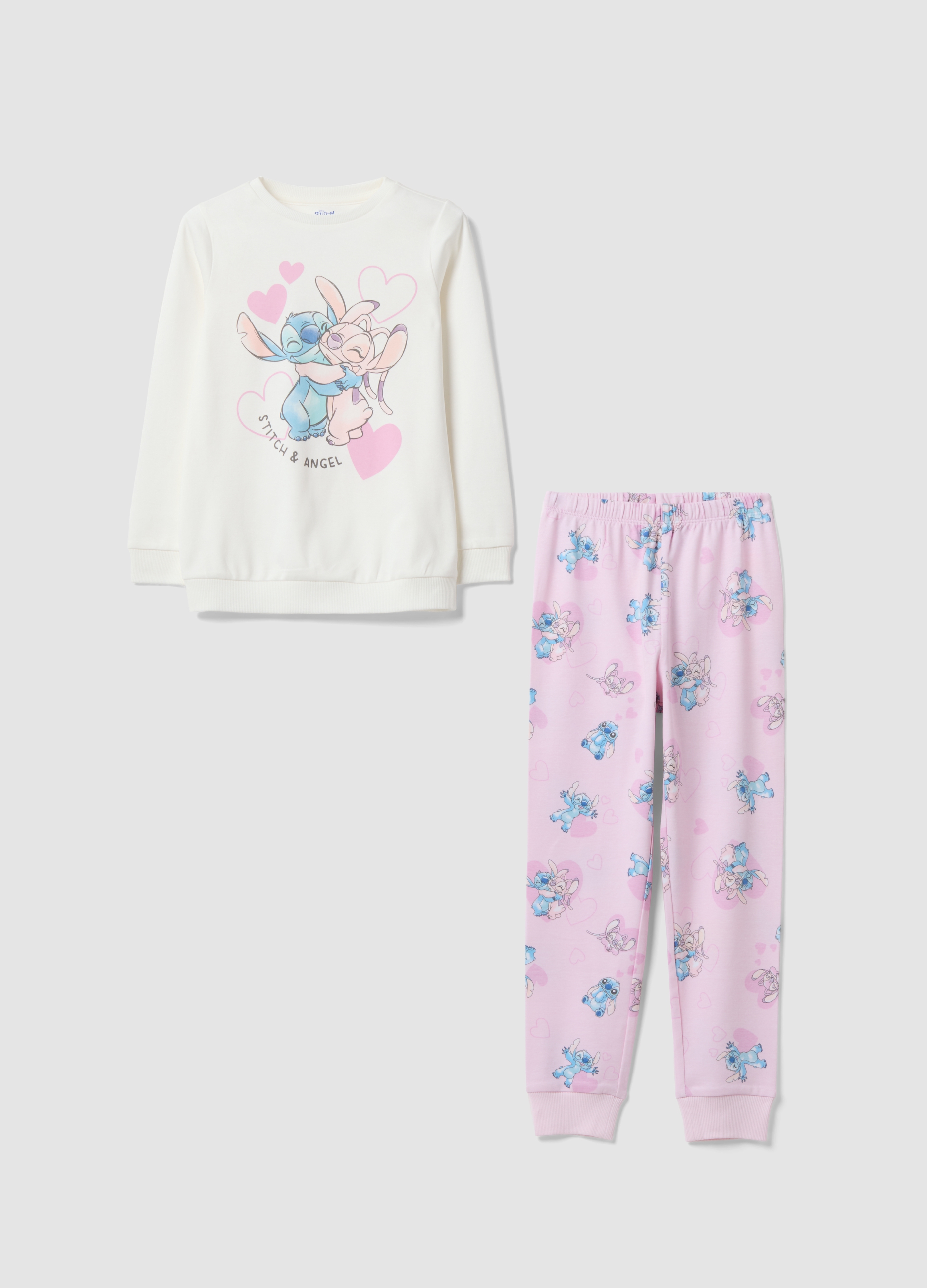 DISNEY, Pigiama Bianco E Rosa In Puro Cotone Organico Con Stampa Stitch, Bambina, Multicolor, Taglia: 6-7