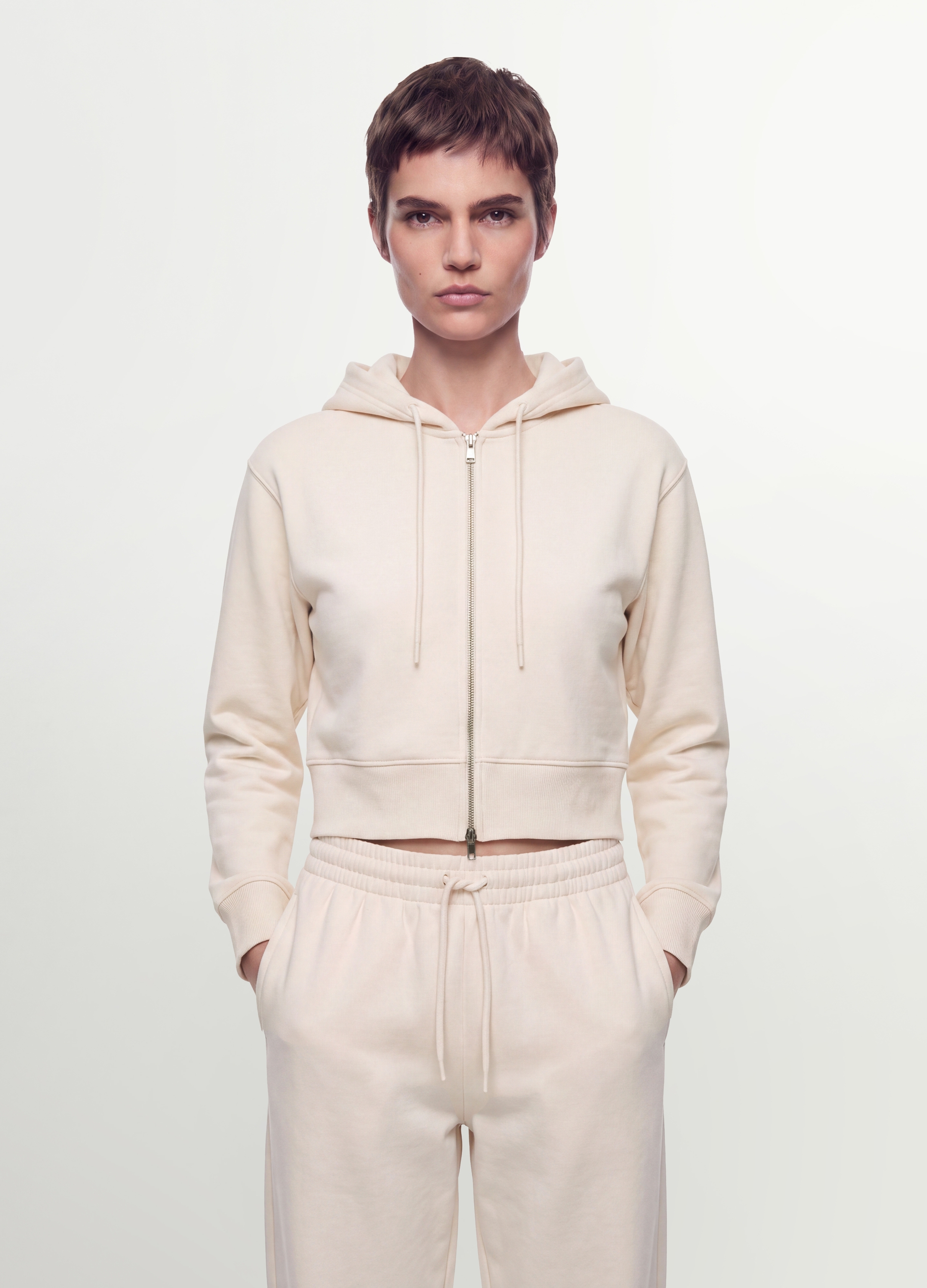 OVS, Felpa Full Zip Bianca In Misto Cotone Con Cappuccio Fitted, Donna, Bianco, Taglia: XS