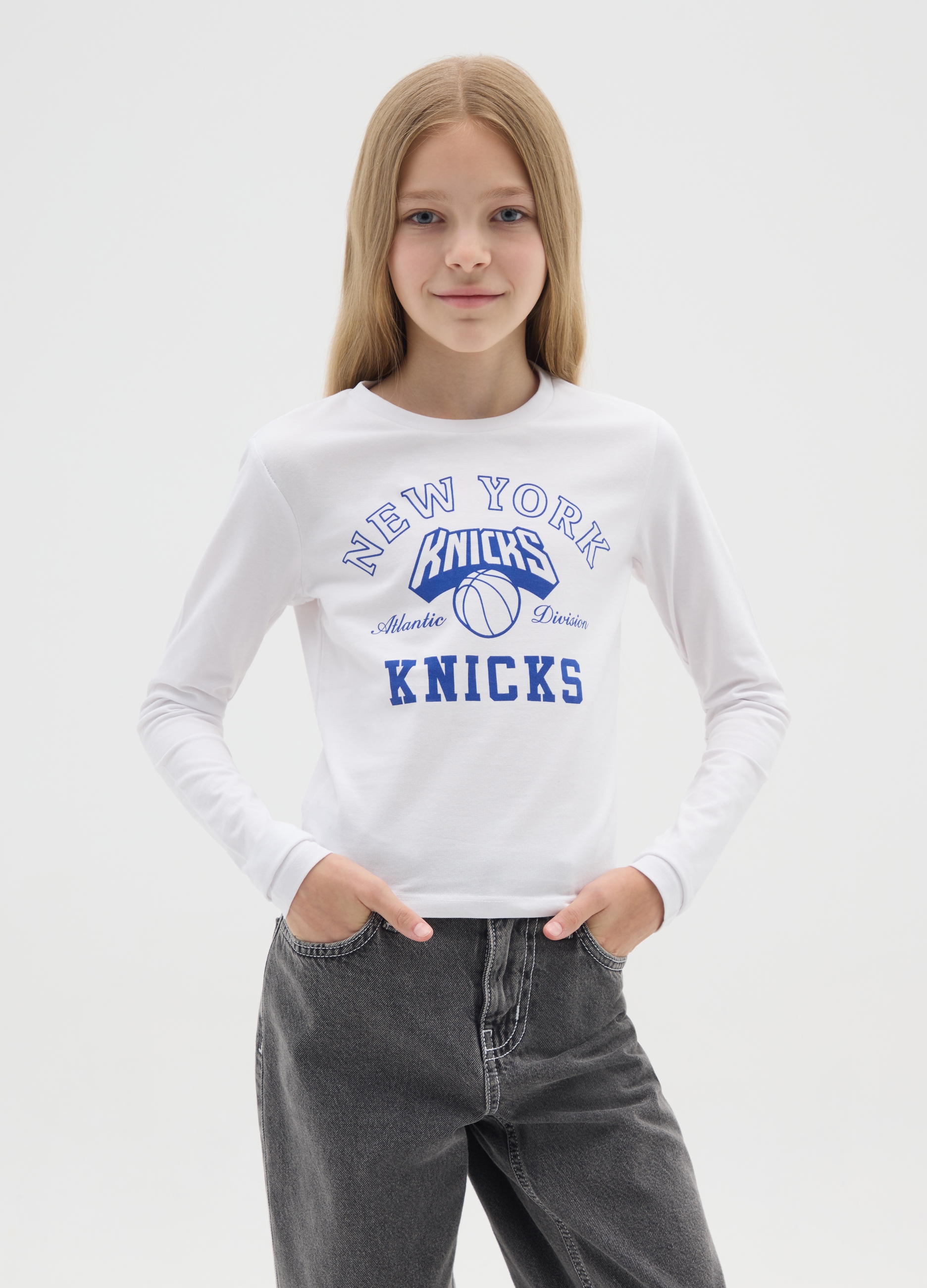 NBA, T-shirt Bianca Da Ragazza In Misto Cotone Slim Fit Con Stampa Knicks, Bambina, Bianco, Taglia: 10-11