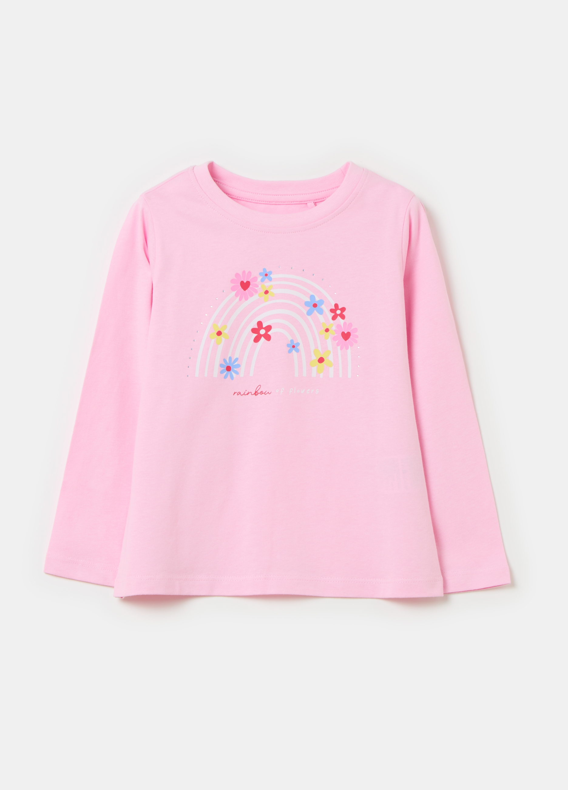 OVS, T-shirt Maniche Lunghe Con Stampa E Strass, Bambina, Rosa, Taglia: 3-4