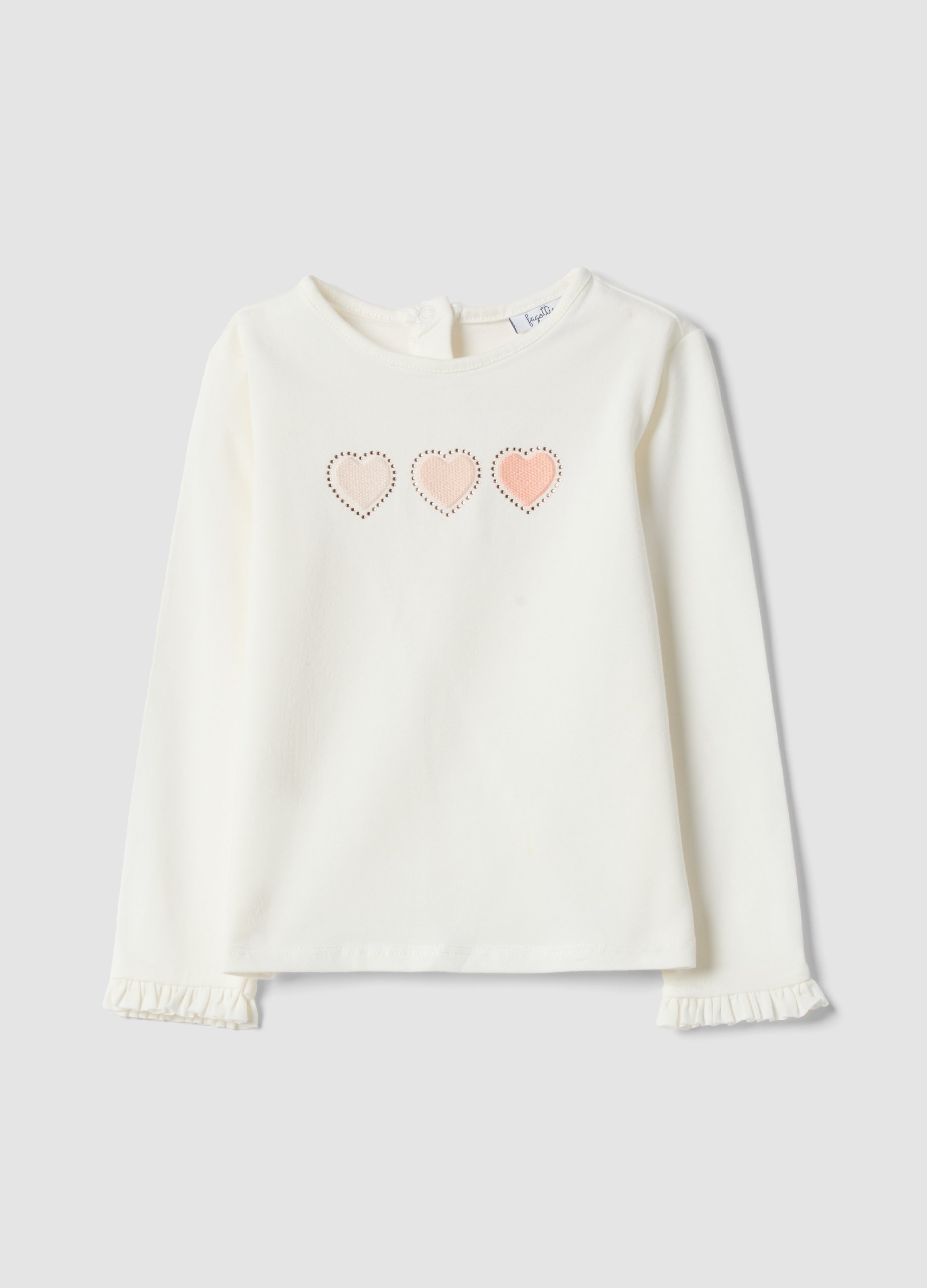 FAGOTTINO, Camiseta De Algodón Elástico Blanca Para Niña Ajuste Regular Con Corazones, Niña, Blanco suave, Talla: 9-12