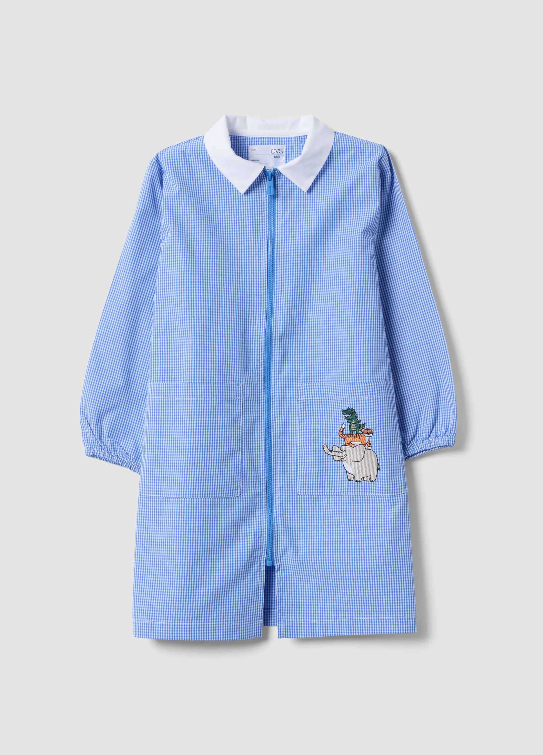 OVS KIDS, Grembiule Personalizzabile Da Asilo Azzurro A Quadretti Con Ricamo Animaletti, Bambino, Azzurro, Taglia: 2-3