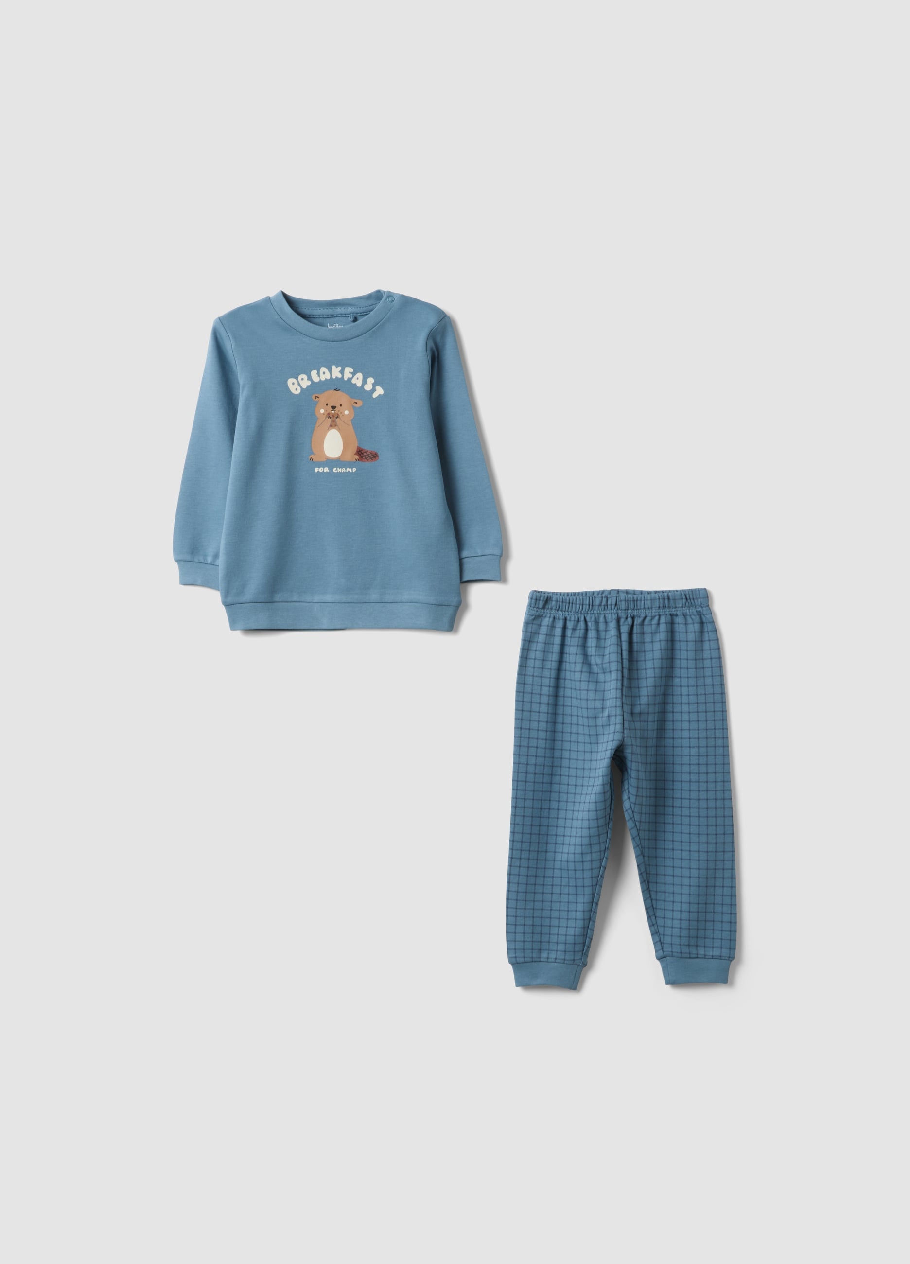 FAGOTTINO, Pigiama Blu In Puro Cotone Organico Con Girocollo E Stampa Animaletto, Bambino, Blu, Taglia: 9-12
