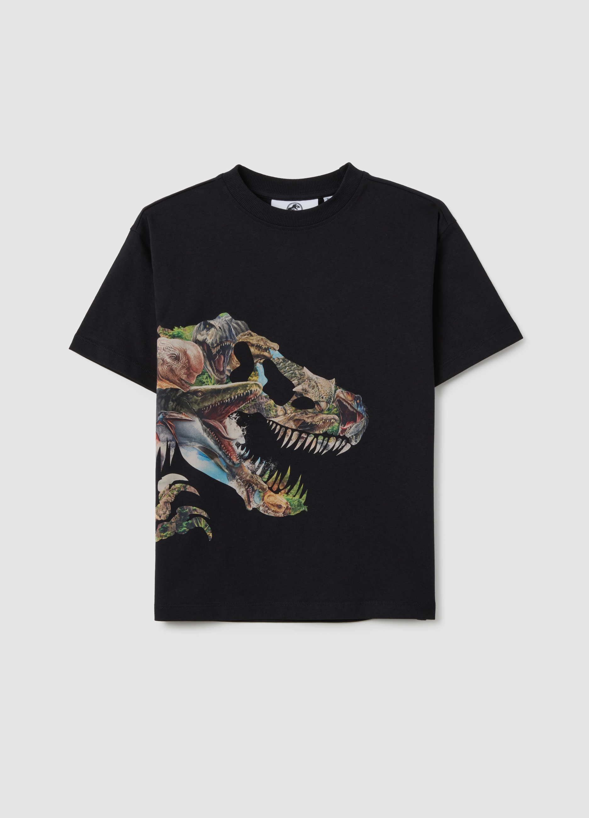 Camiseta De Niño En Algodón Puro Negro Regular Fit Con Estampado De Dinosaurio, Niño, Gunmetal, Talla: 7-8