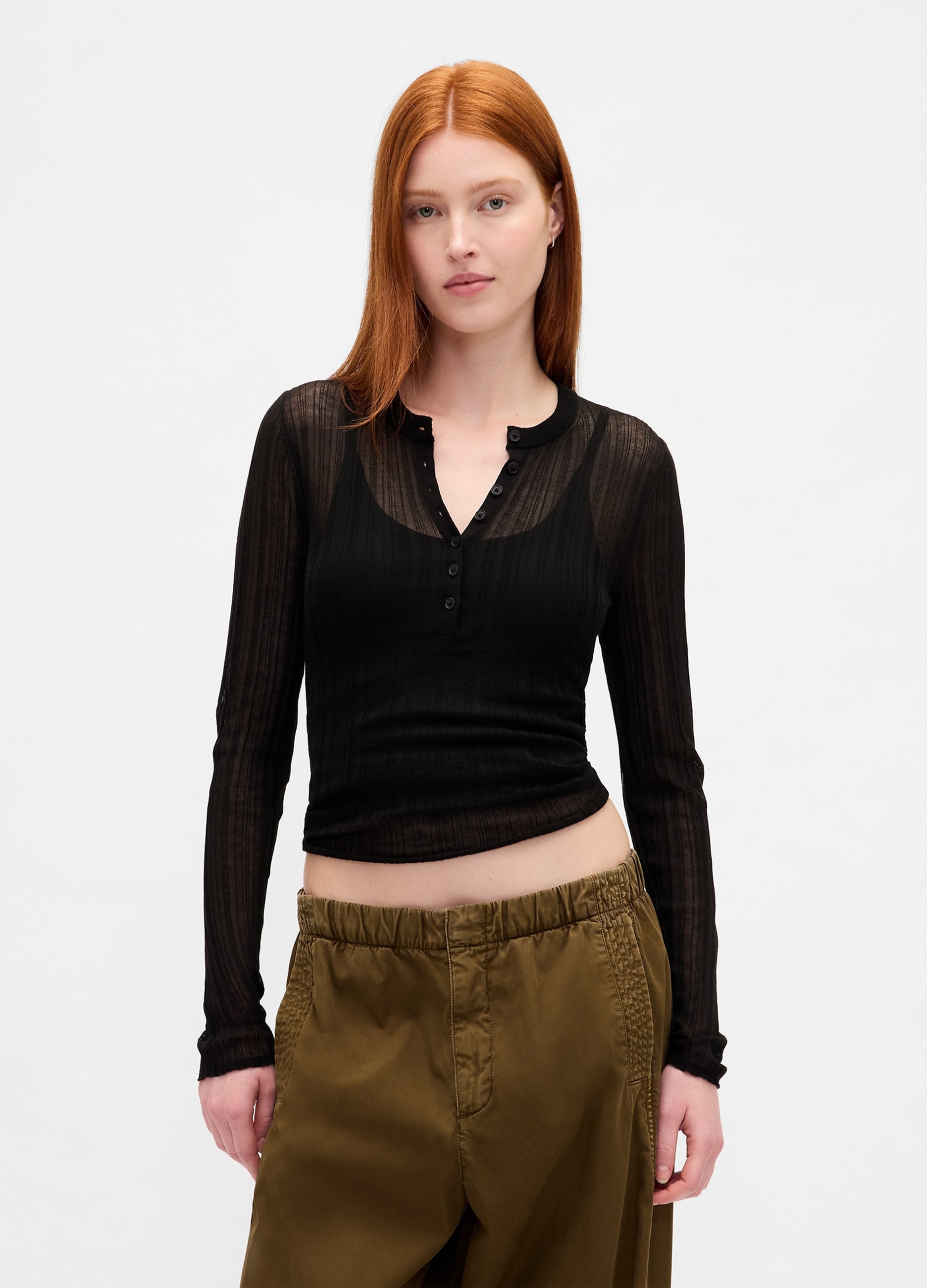 GAP, Maglia Con Bottoni E Trasparenze A Maniche Lunghe, Donna, Nero, Taglia: M