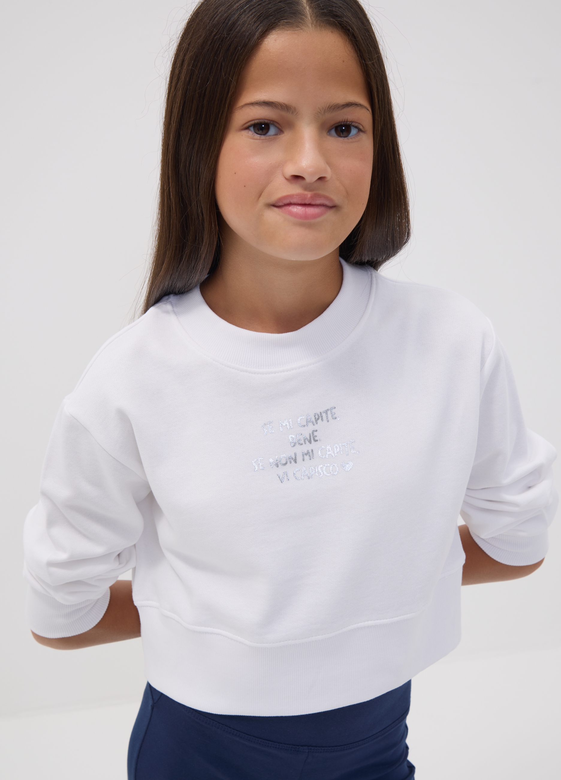 OVS KIDS, Felpa Bianca In Puro Cotone Organico Con Stampa Frontale Per Ragazza, Bambina, Bianco, Taglia: 11-12