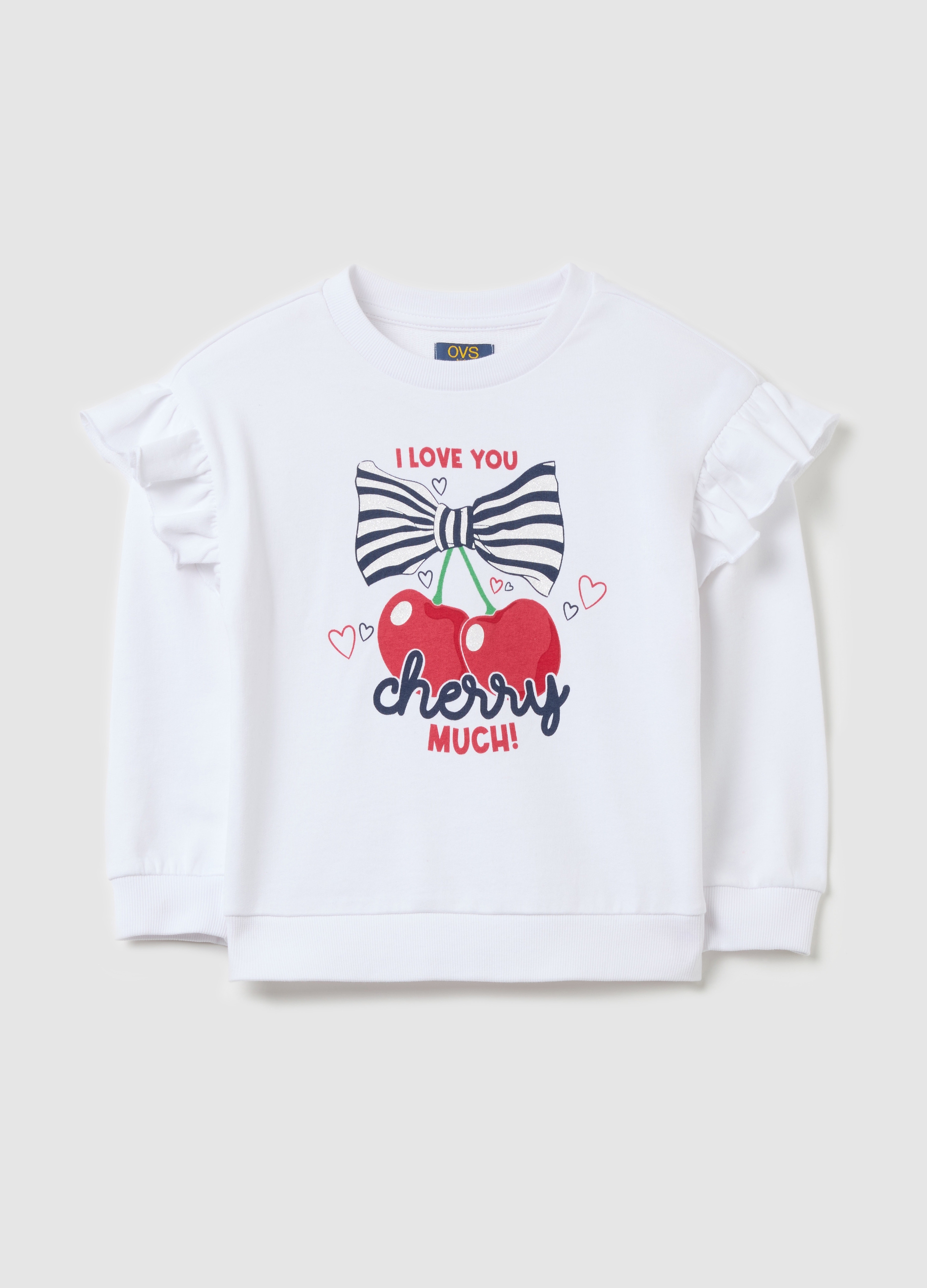 OVS, Felpa Con Volant Stampa i Love You Cherry Much, Bambina, Bianco, Taglia: 3-4