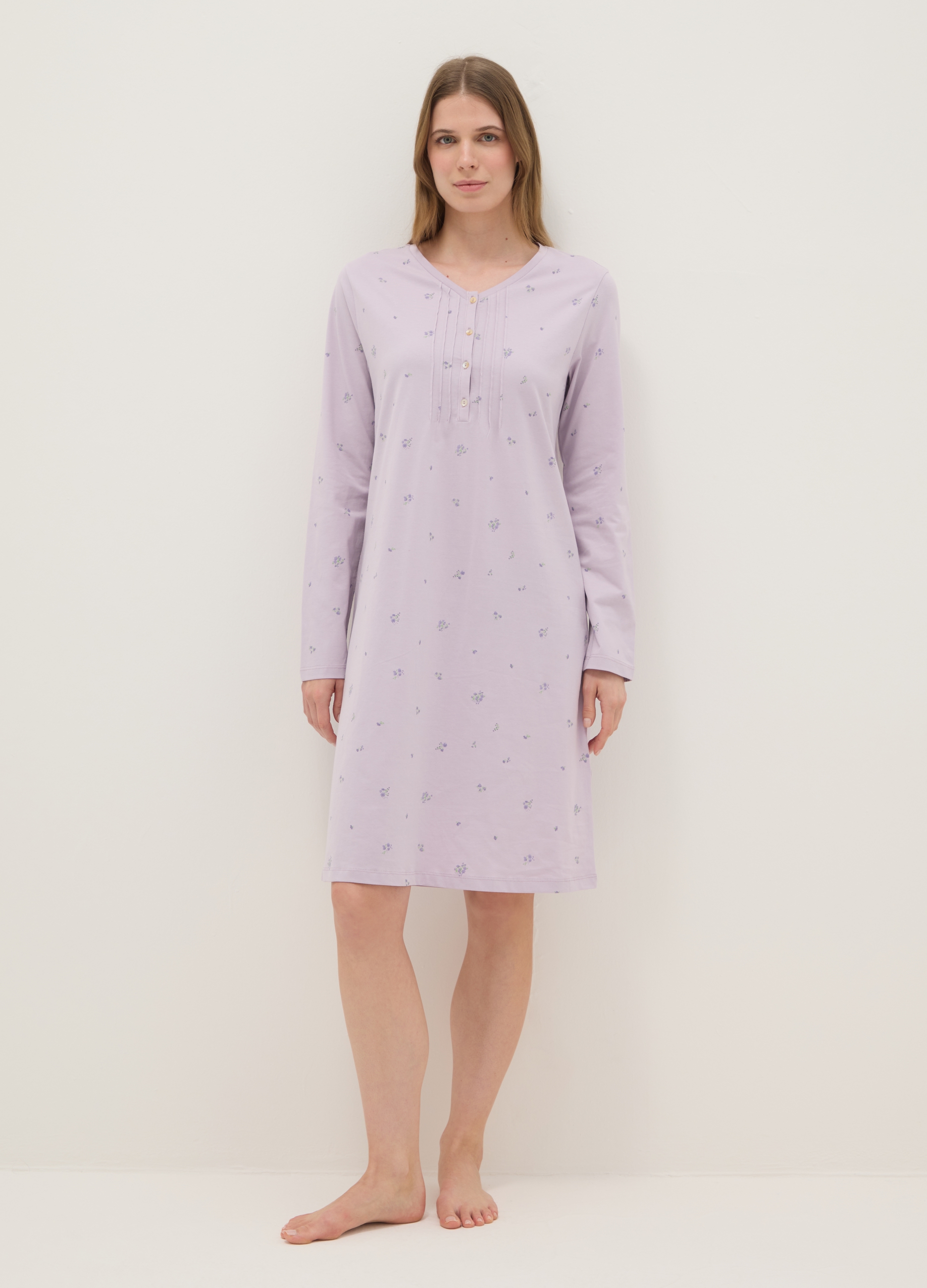 Camisón Violeta De Algodón Puro Con Cuello Serafín Y Estampado Floral, Mujer, Lila claro, Talla: 52