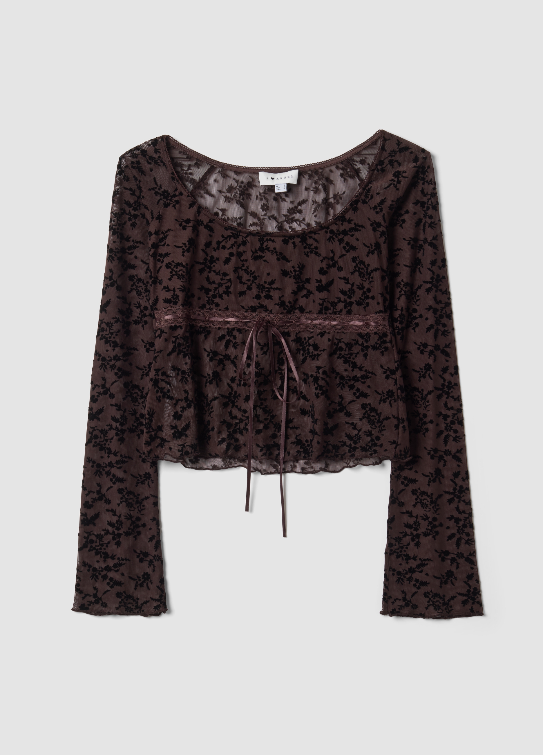 B.ANGEL, T-shirt Marrone In Tessuto Elasticizzato Con Fantasia Floreale Floccata, Donna, Marrone, Taglia: S