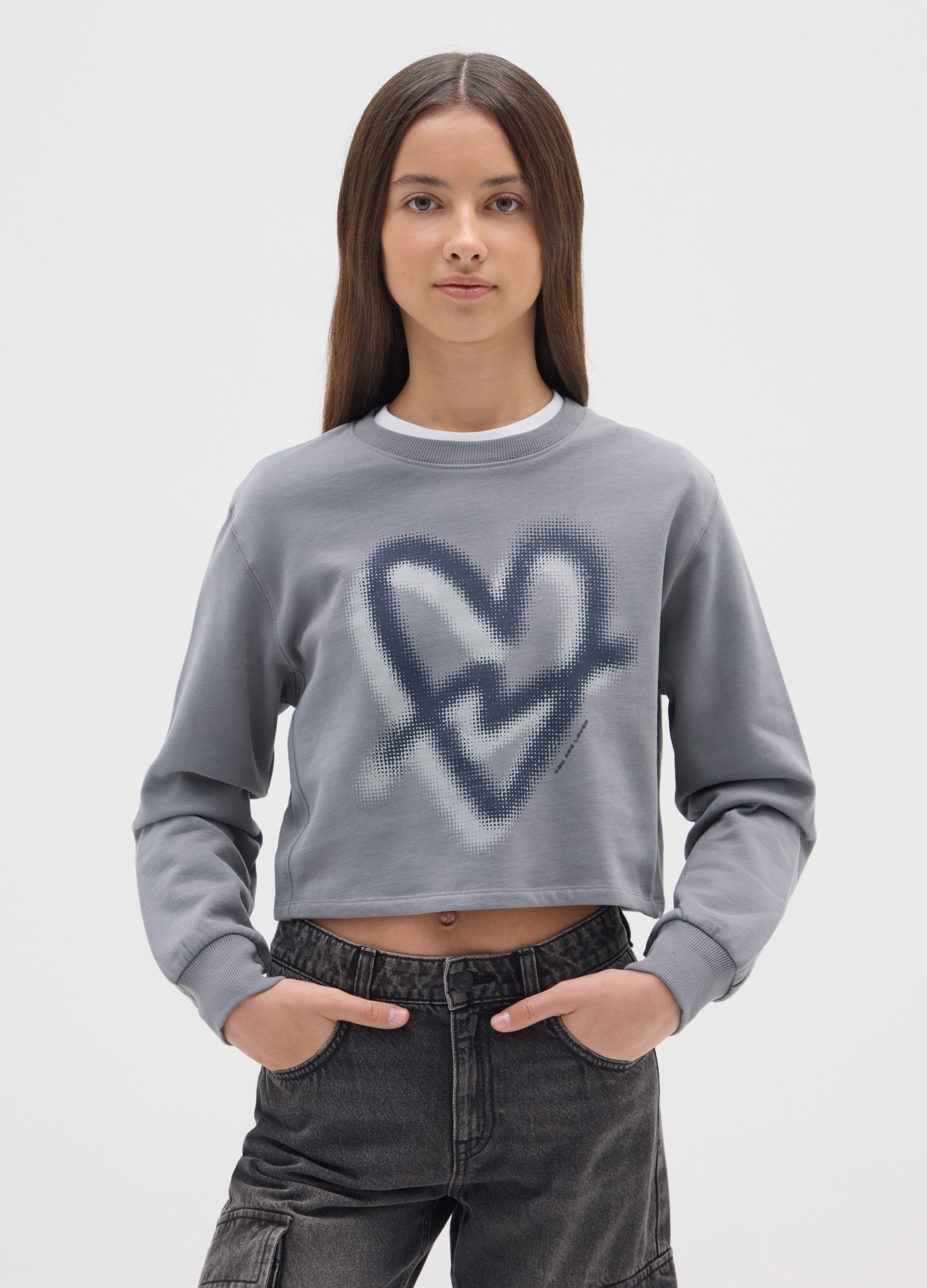 OVS KIDS, Felpa Grigia Da Ragazza In Puro Cotone Regular Fit Con Cuore Stampato, Bambina, Grigio, Taglia: 14-15