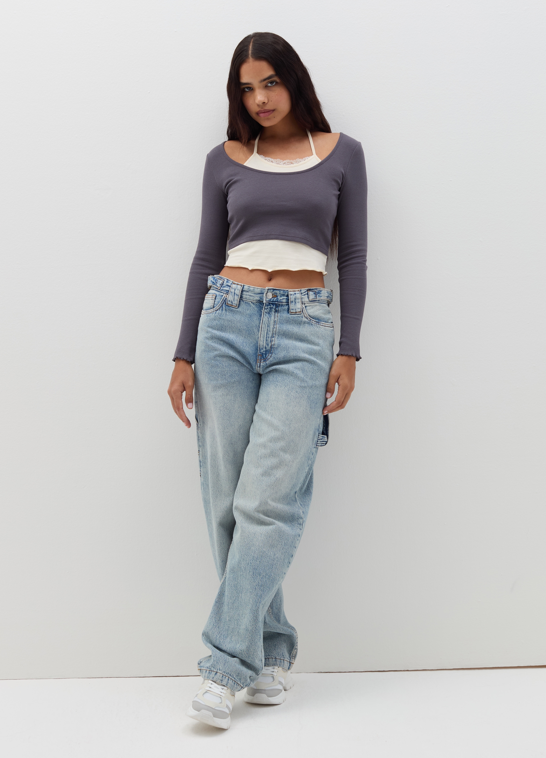 B.ANGEL, T-shirt Crop Con Canotta Interna, Donna, Grigio, Taglia: XS