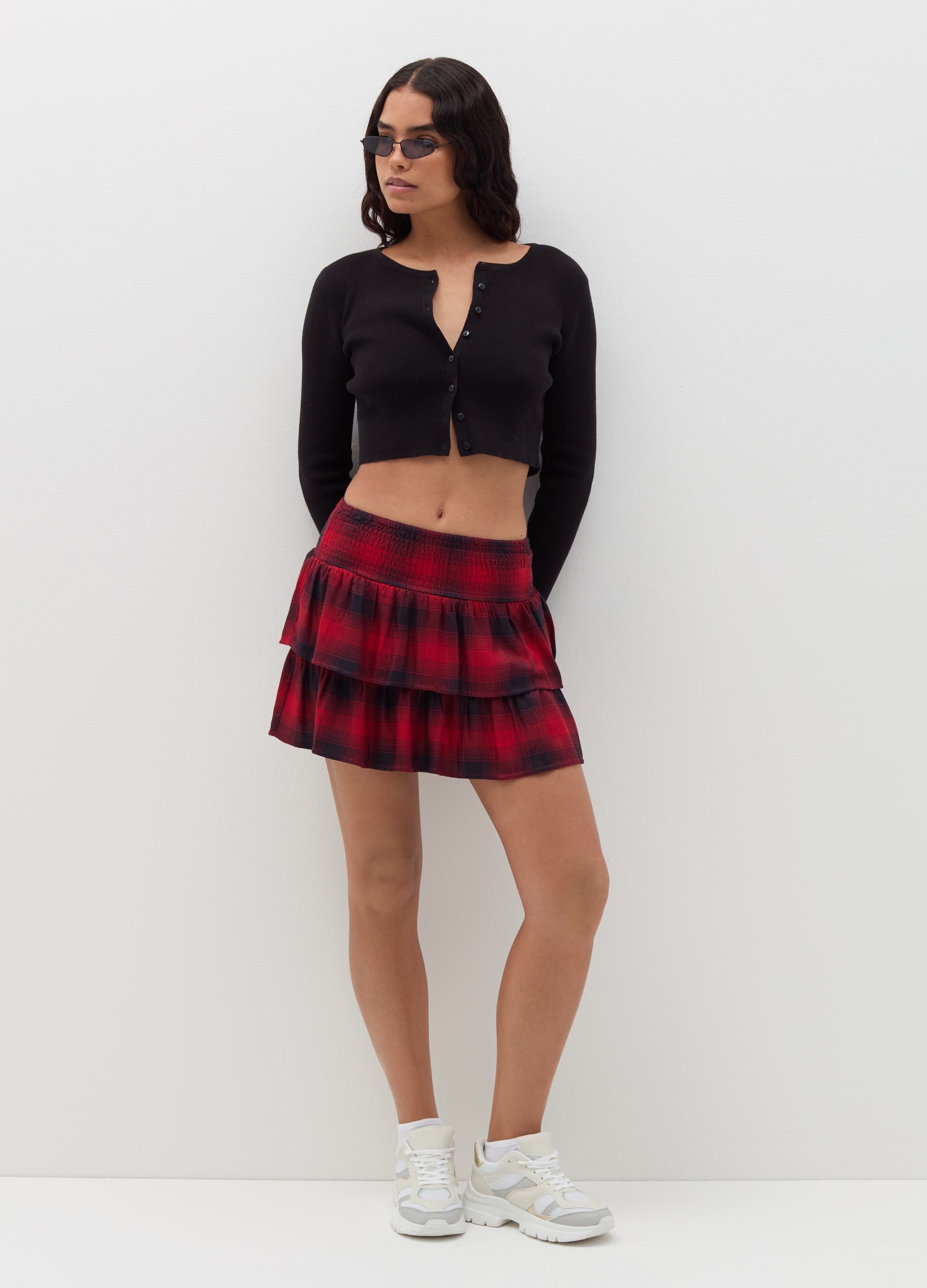 Minifalda Cuadros De Volantes, Mujer, Negro/Rojo, Talla: 34
