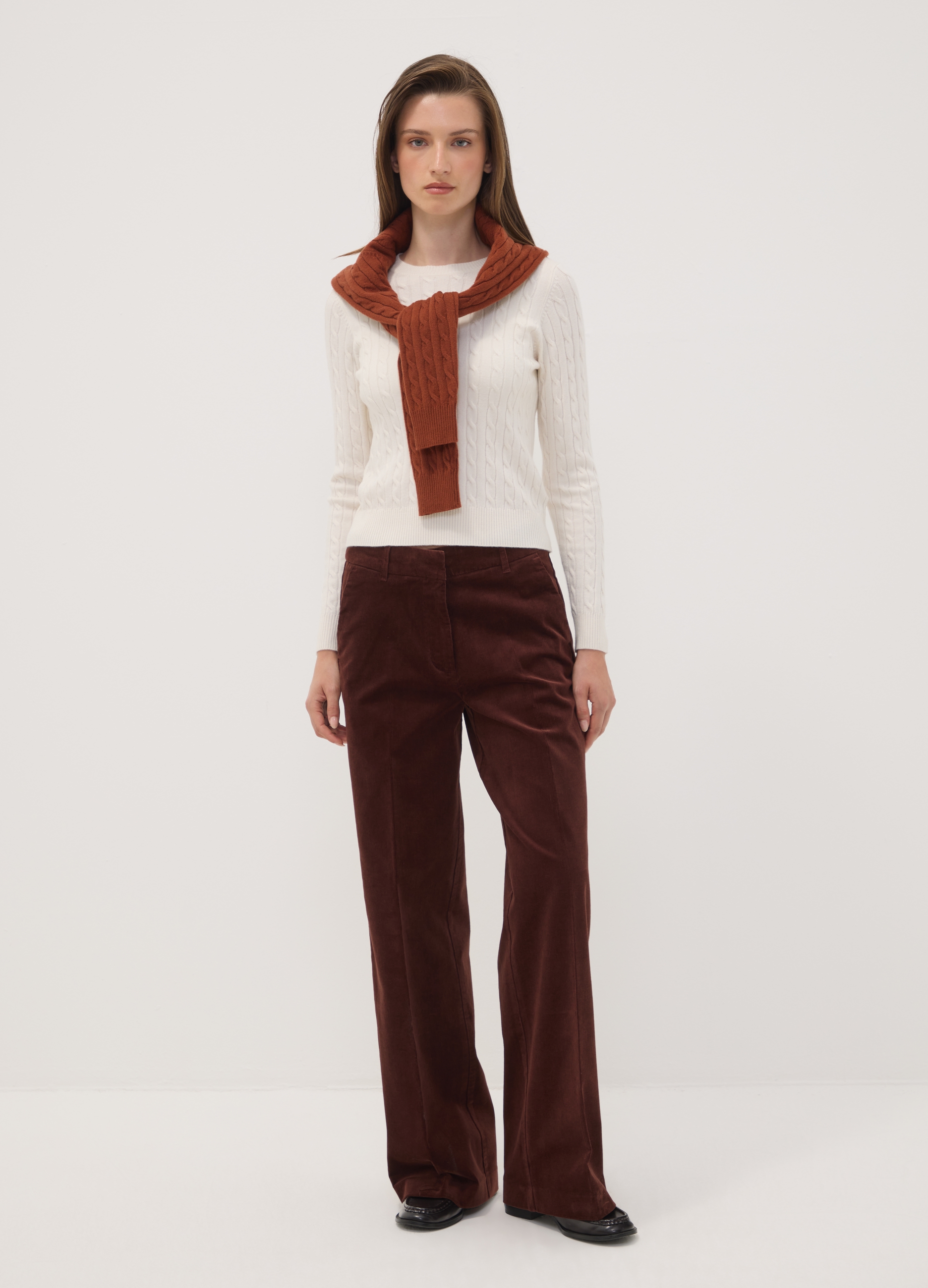 OVS, Pantaloni The Iconic Pants Marroni In Cotone Elasticizzato A Coste Straight Fit, Donna, Marrone, Taglia: 42